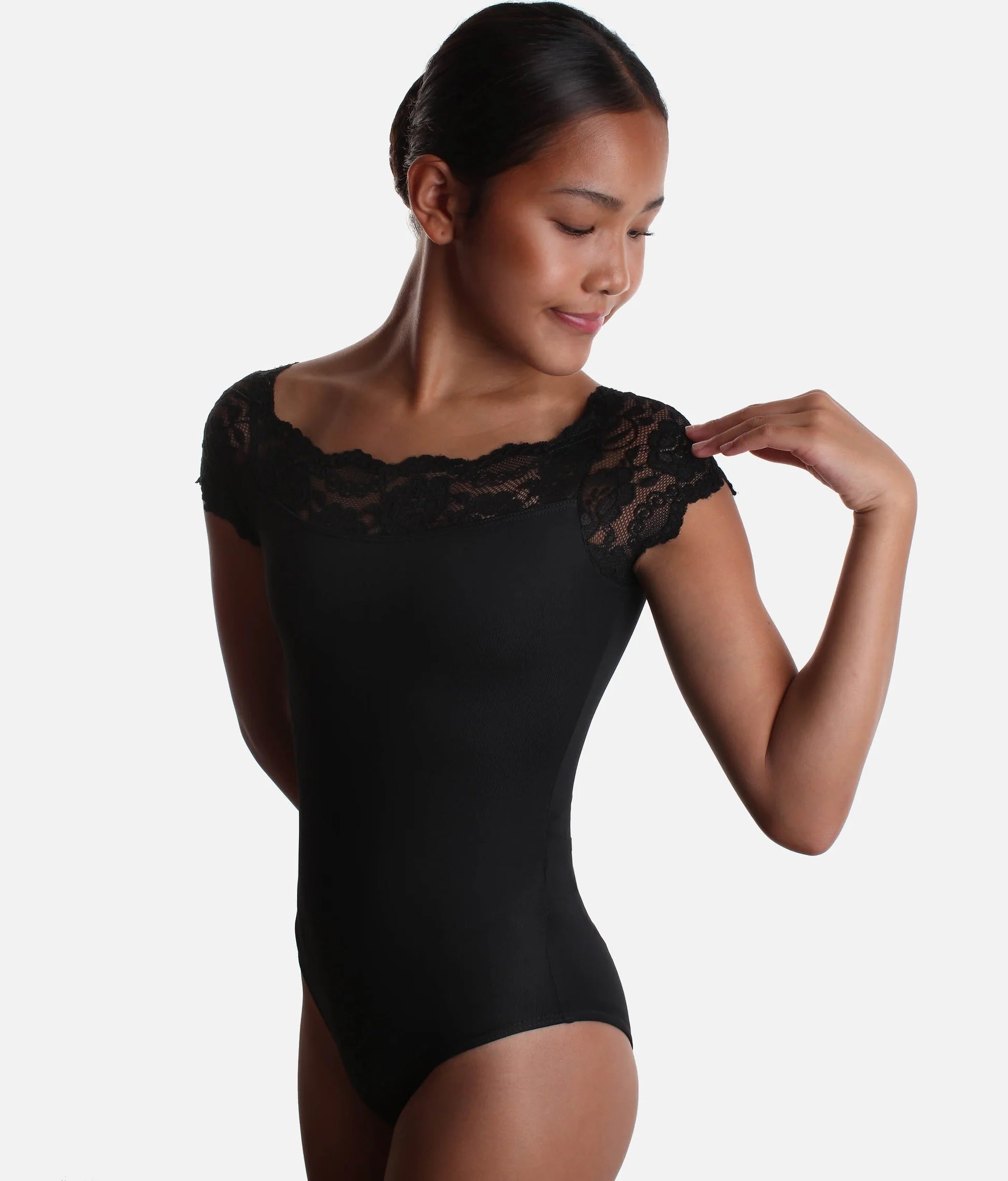 Alt text: Side view of girls black So Danca SL17 lace cap sleeve ballet leotard