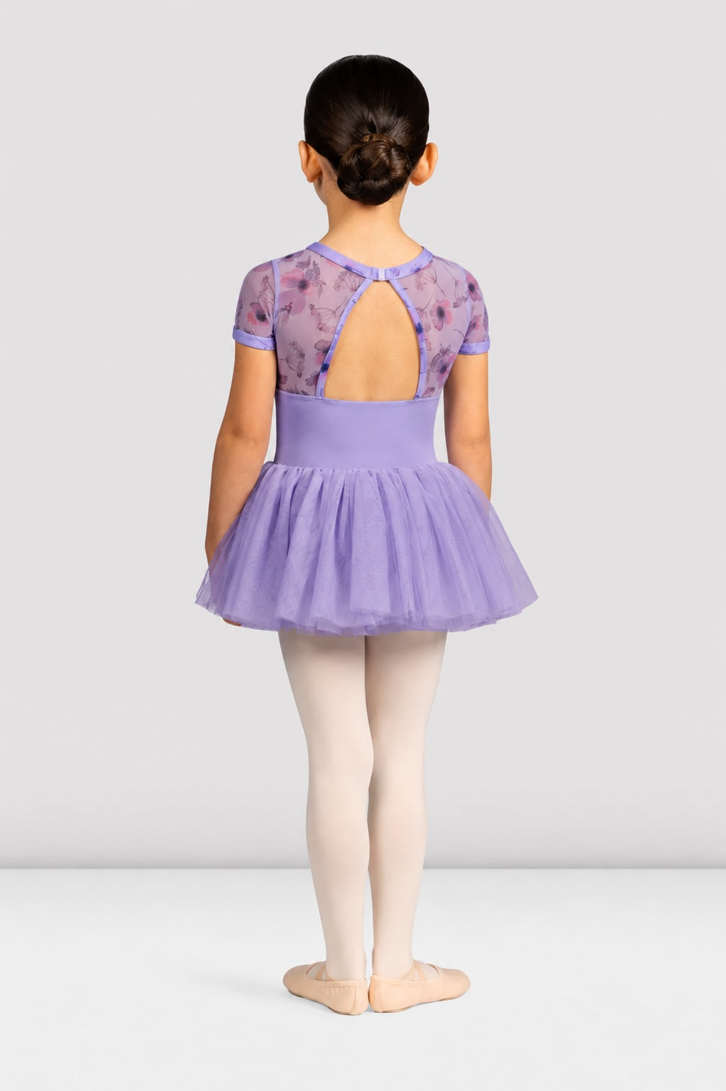 Back view of Bloch CL4282 lilac floral ballet tutu dress with open back detail and layered tulle skirt
