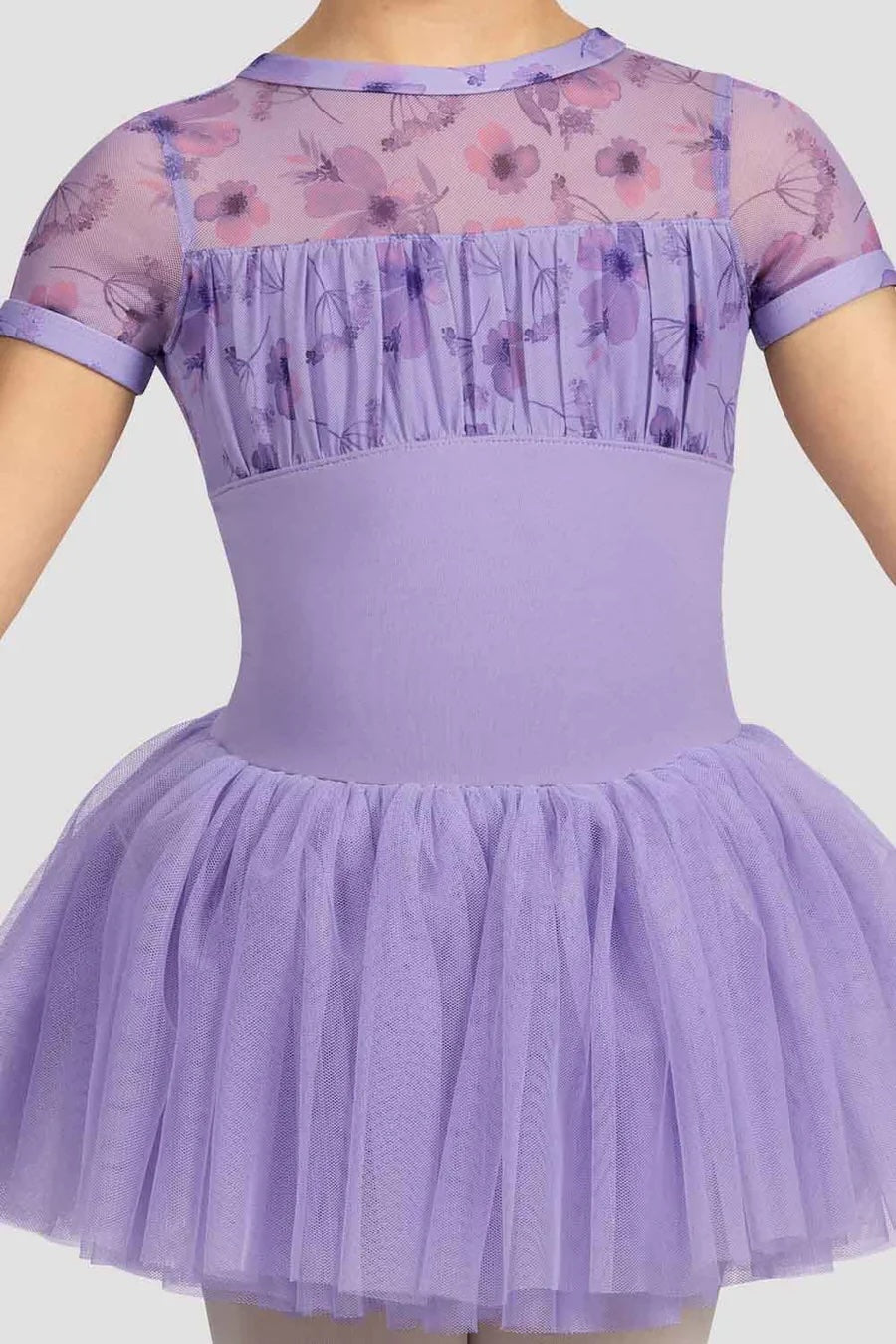 Close-up of the floral mesh bodice and layered tutu skirt on the Bloch CL4282 lilac ballet tutu dress