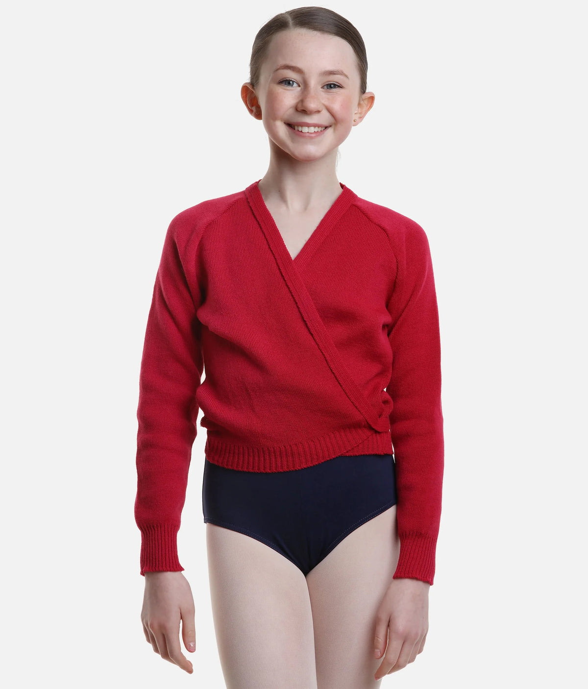 Girl wearing mulberry Pulsara ballet wrap cardigan – front view.