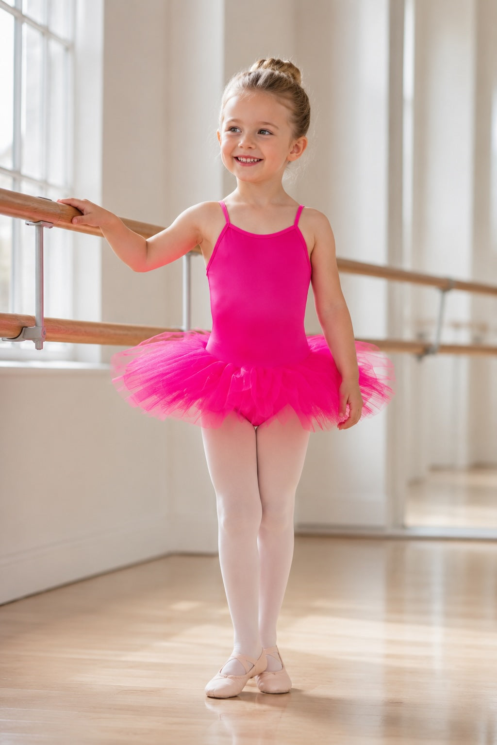 Young ballerina wearing a pink 5 layer ballet tutu dress by 1st Position