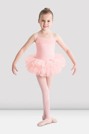 Girl wearing Bloch Desdemona pink tutu leotard with lace bodice and layered tutu skirt