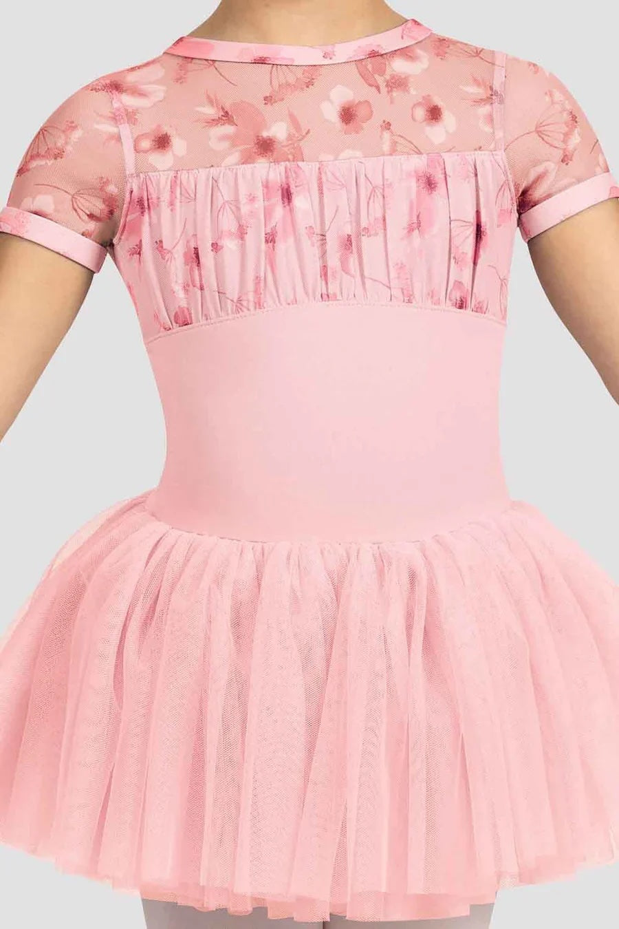 Close-up of the floral mesh bodice and layered tutu skirt on the Bloch CL4282 pink ballet tutu dress