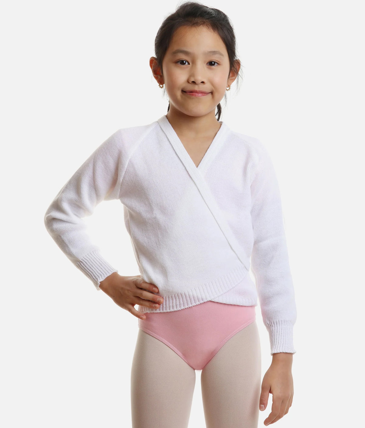 Girl wearing white Pulsara ballet wrap cardigan – front view.