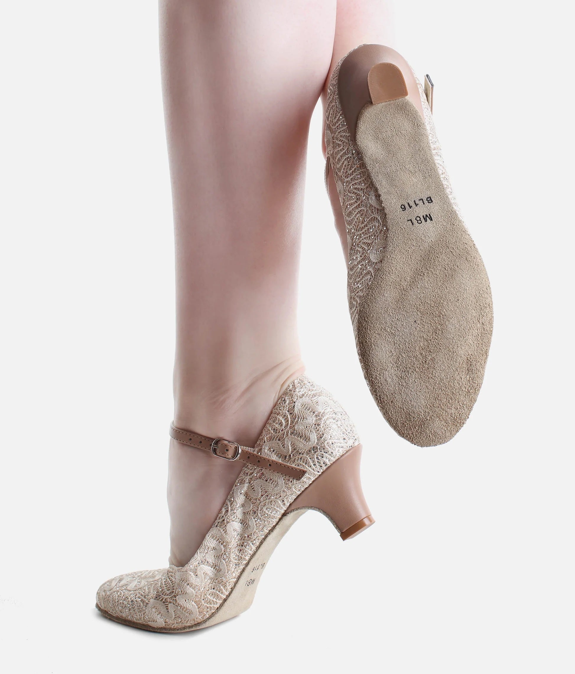 Suede sole on gold ballroom dance shoes worn view