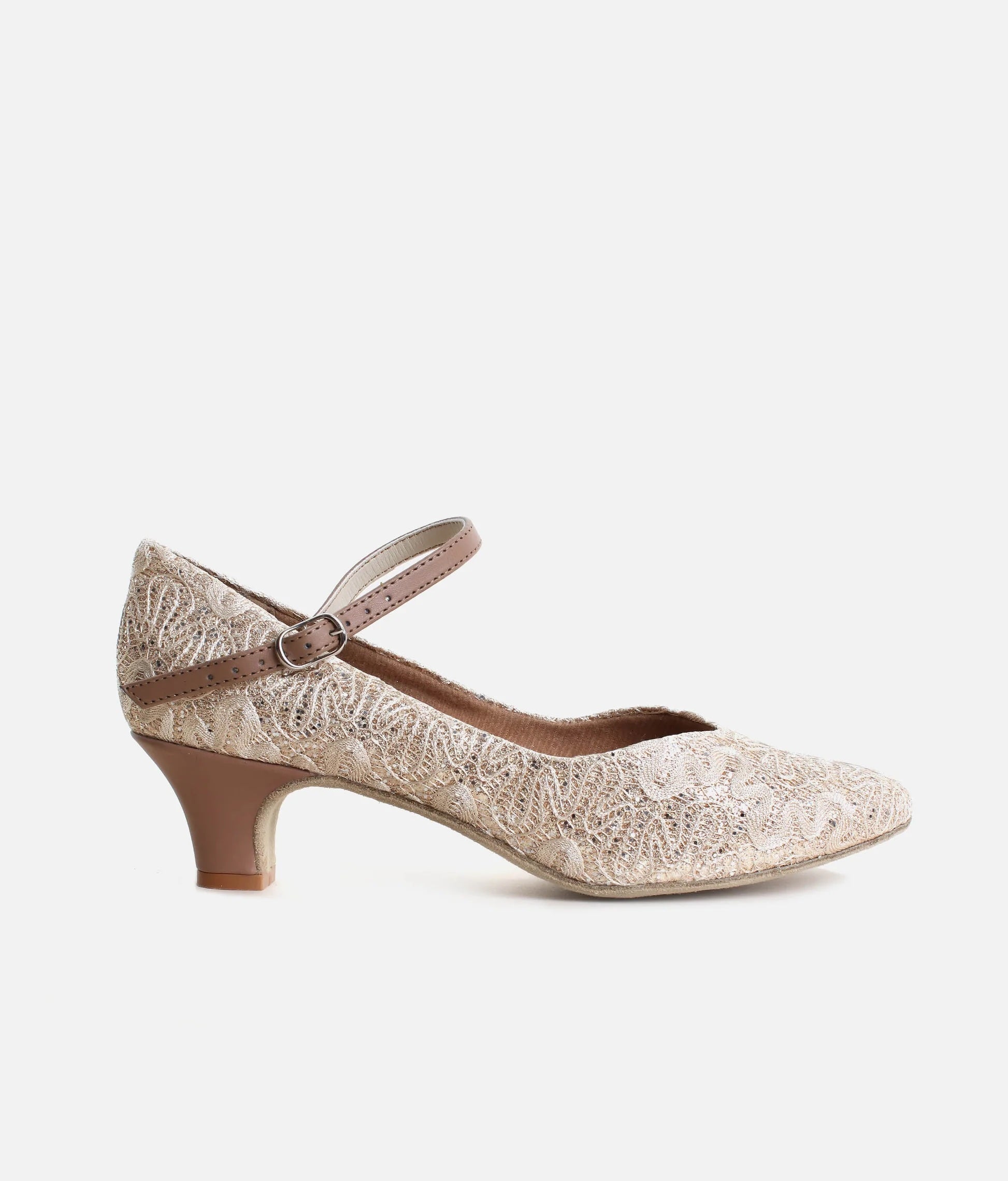 Gold sparkle ballroom dance shoes side view