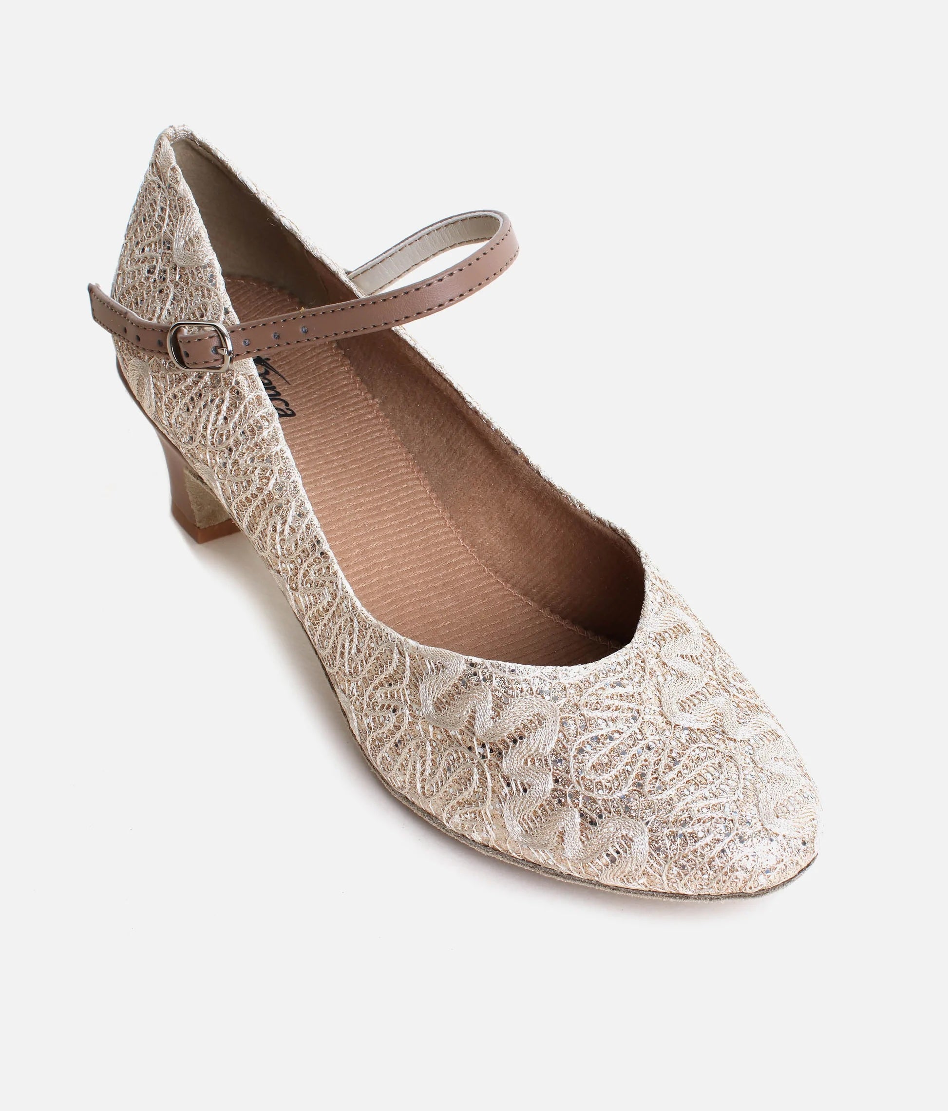 Gold sparkle social dance shoes top view