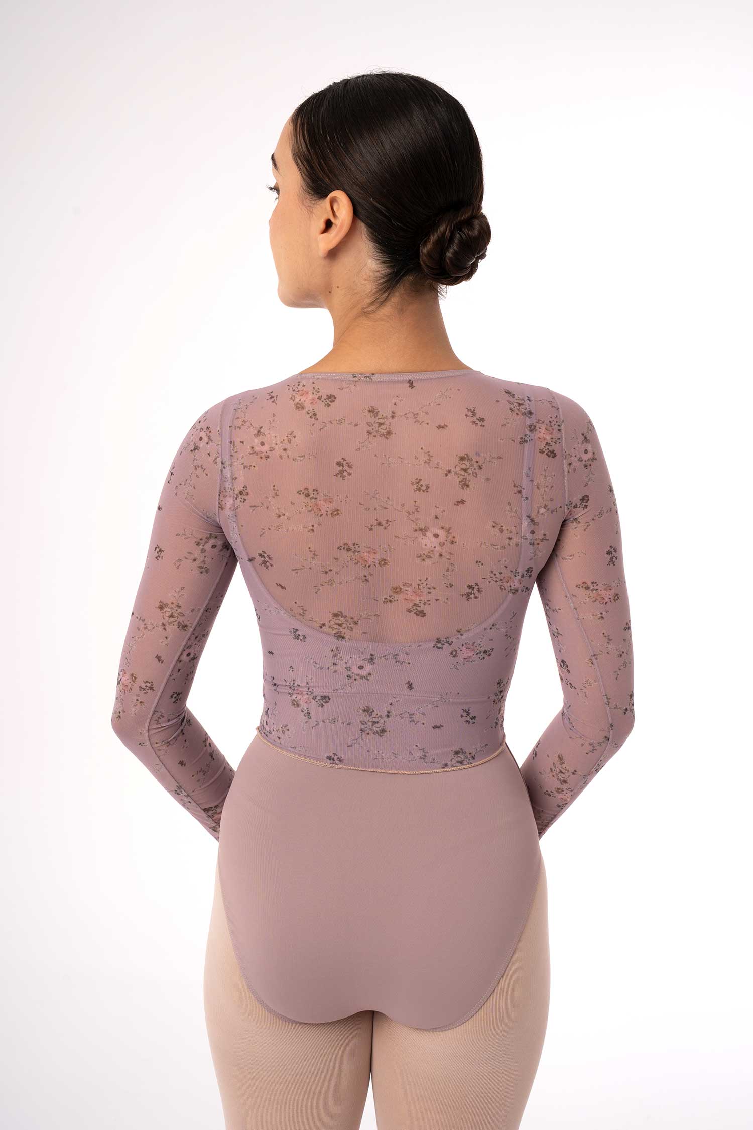 Dancer wearing Intermezzo floral ballet warm up top 6645 in Dahlia Pink back view