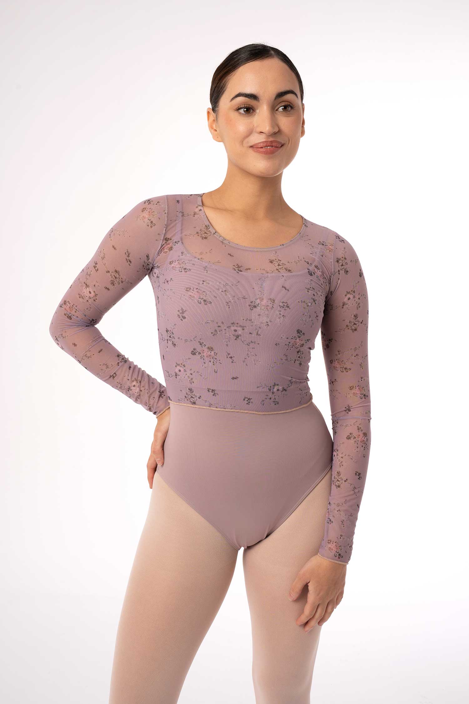 Dancer wearing Intermezzo floral ballet warm up top 6645 in Dahlia Pink front view