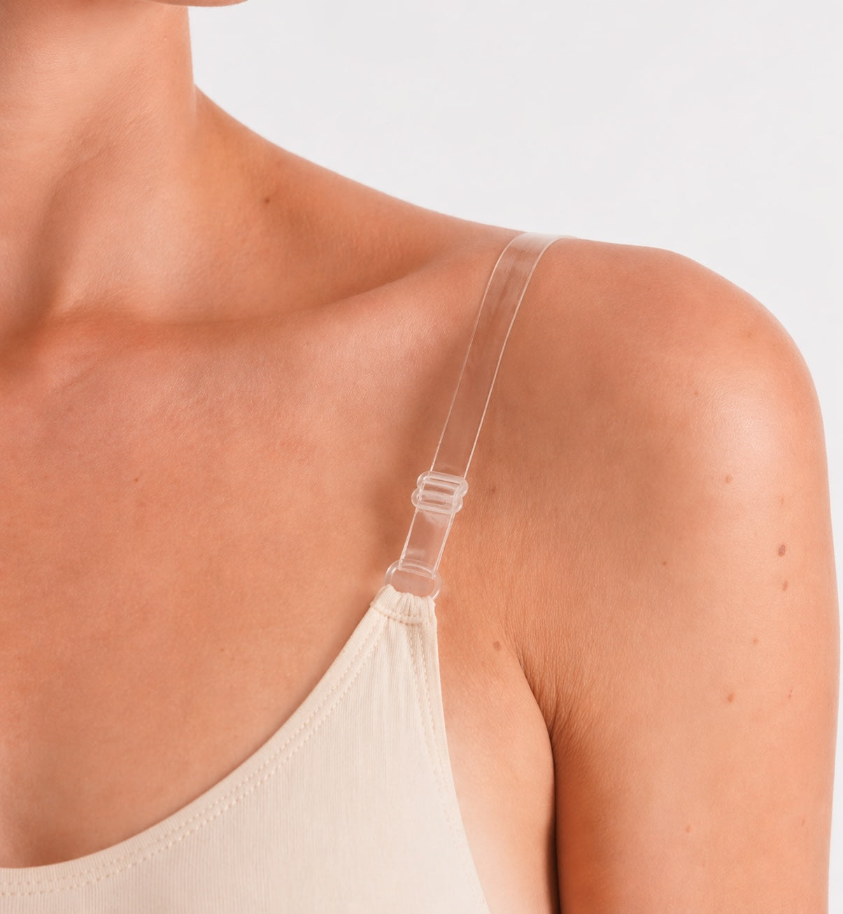 Ladies invisible low back camisole leotard nude dance undergarment clear strap detail close up