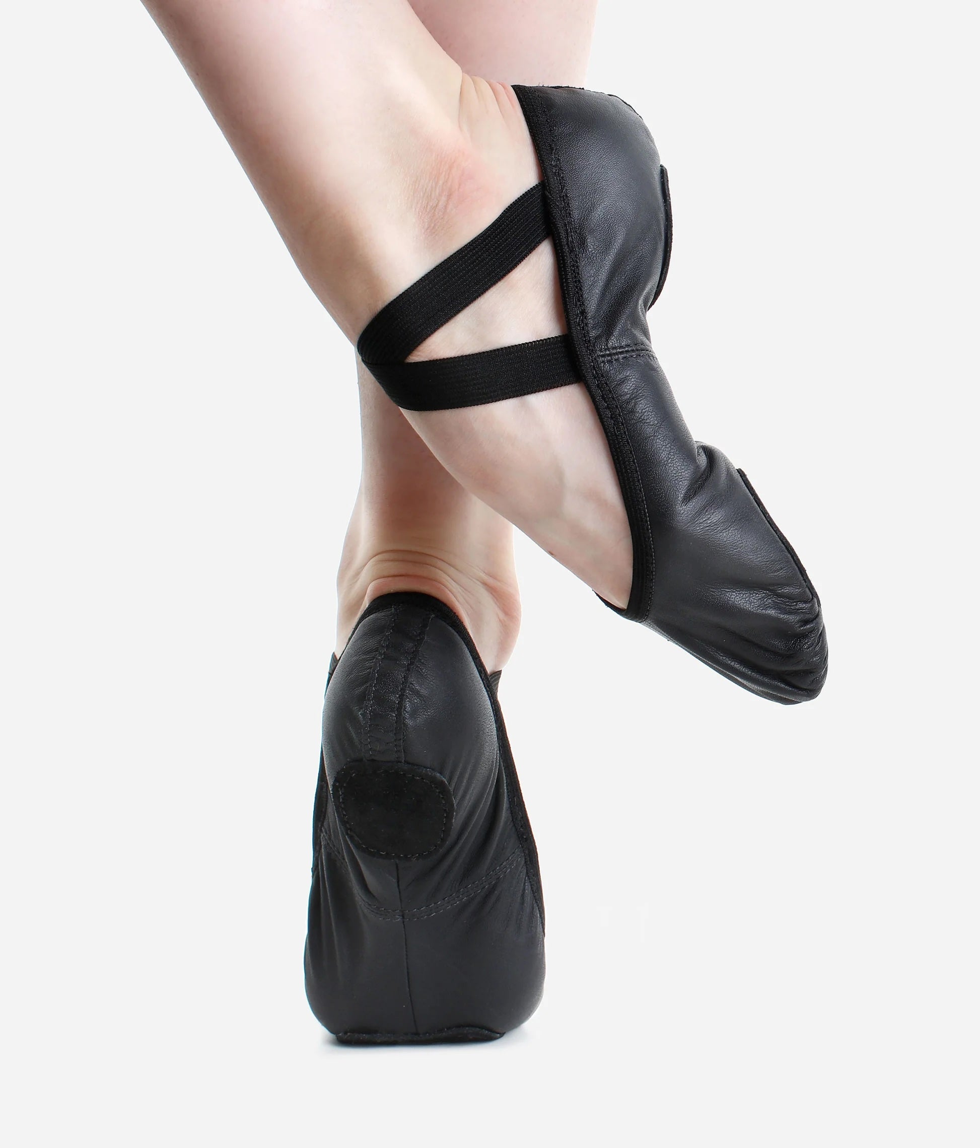 Kids black leather split sole ballet shoes SD60 sole and side view