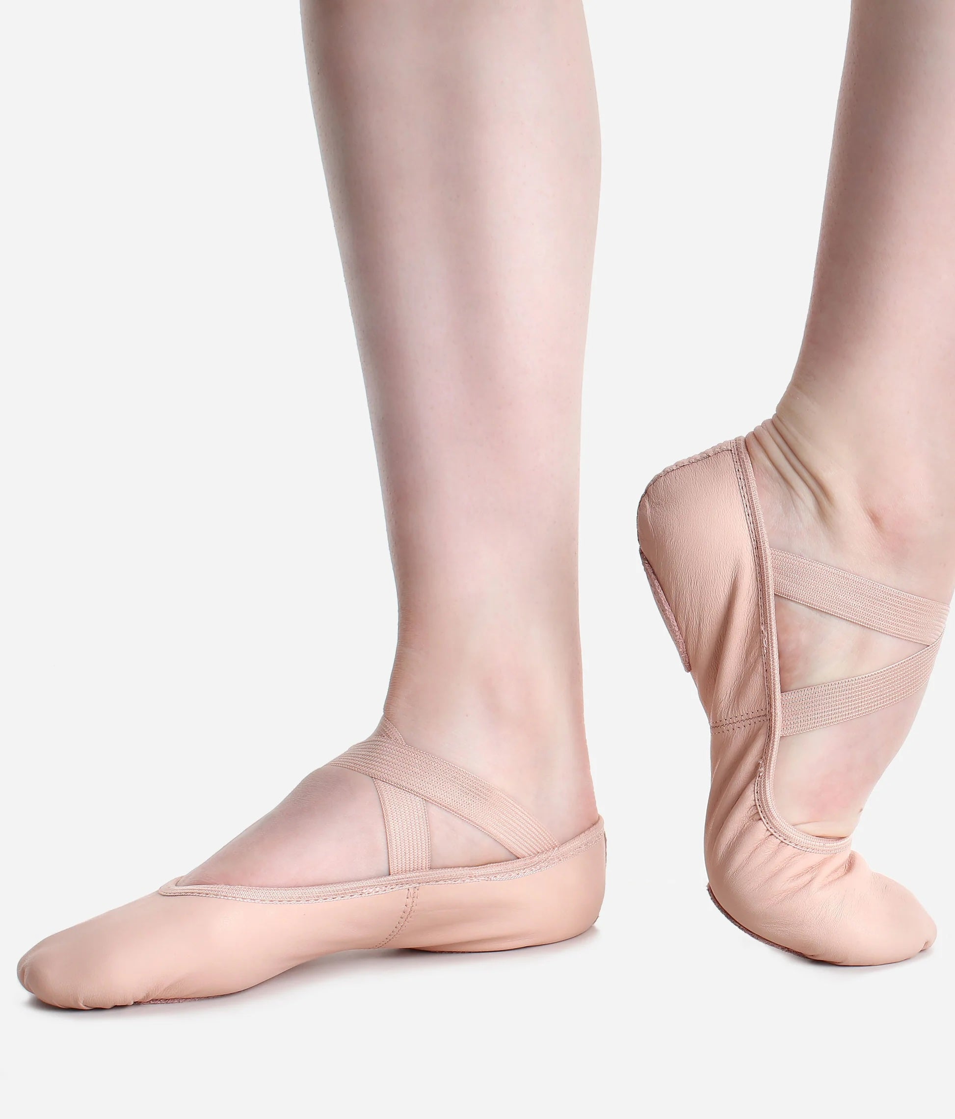 Kids pink leather split sole ballet shoes SD60 worn side and top view