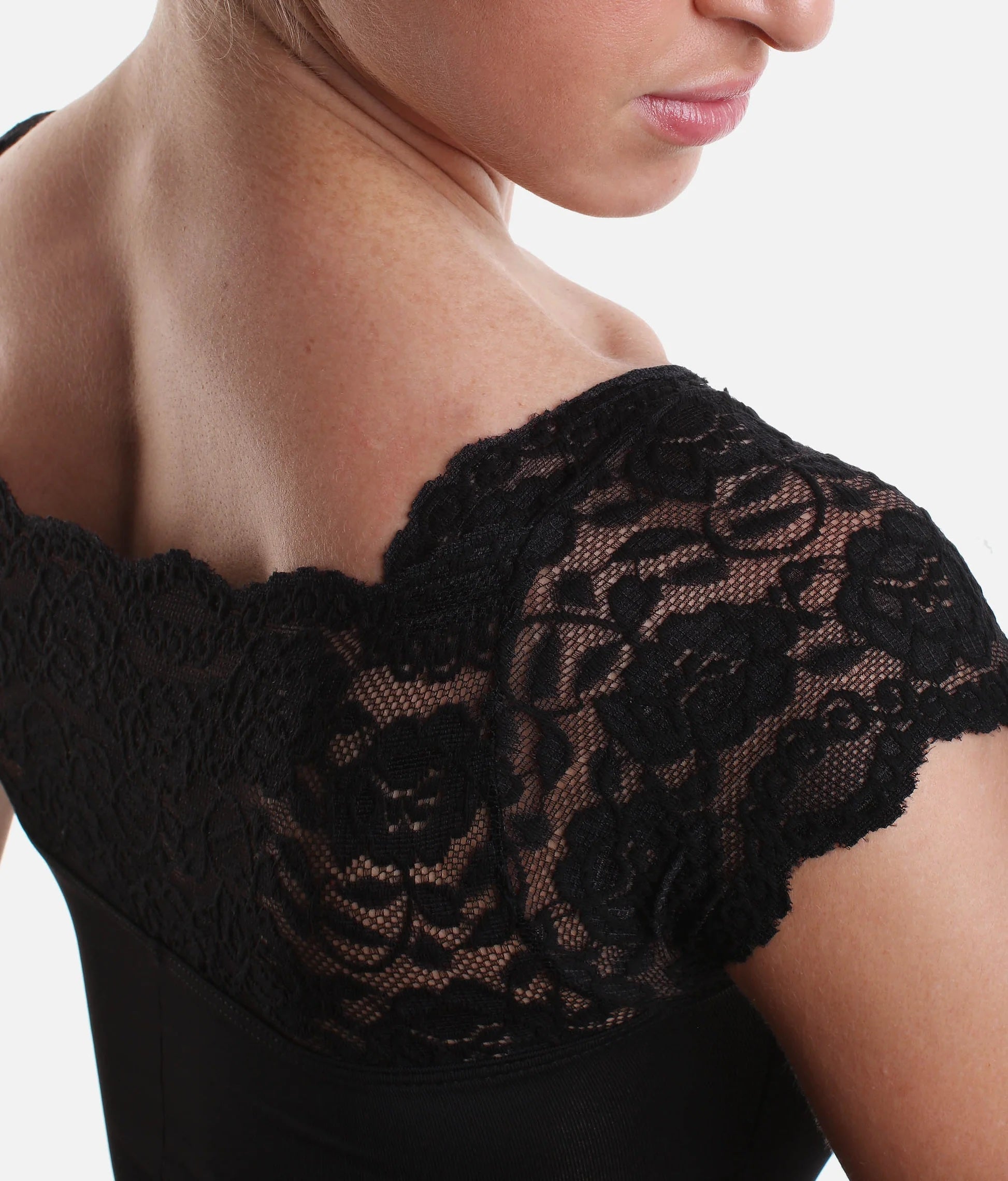 Close up fabric detail So Danca lace ballet leotard