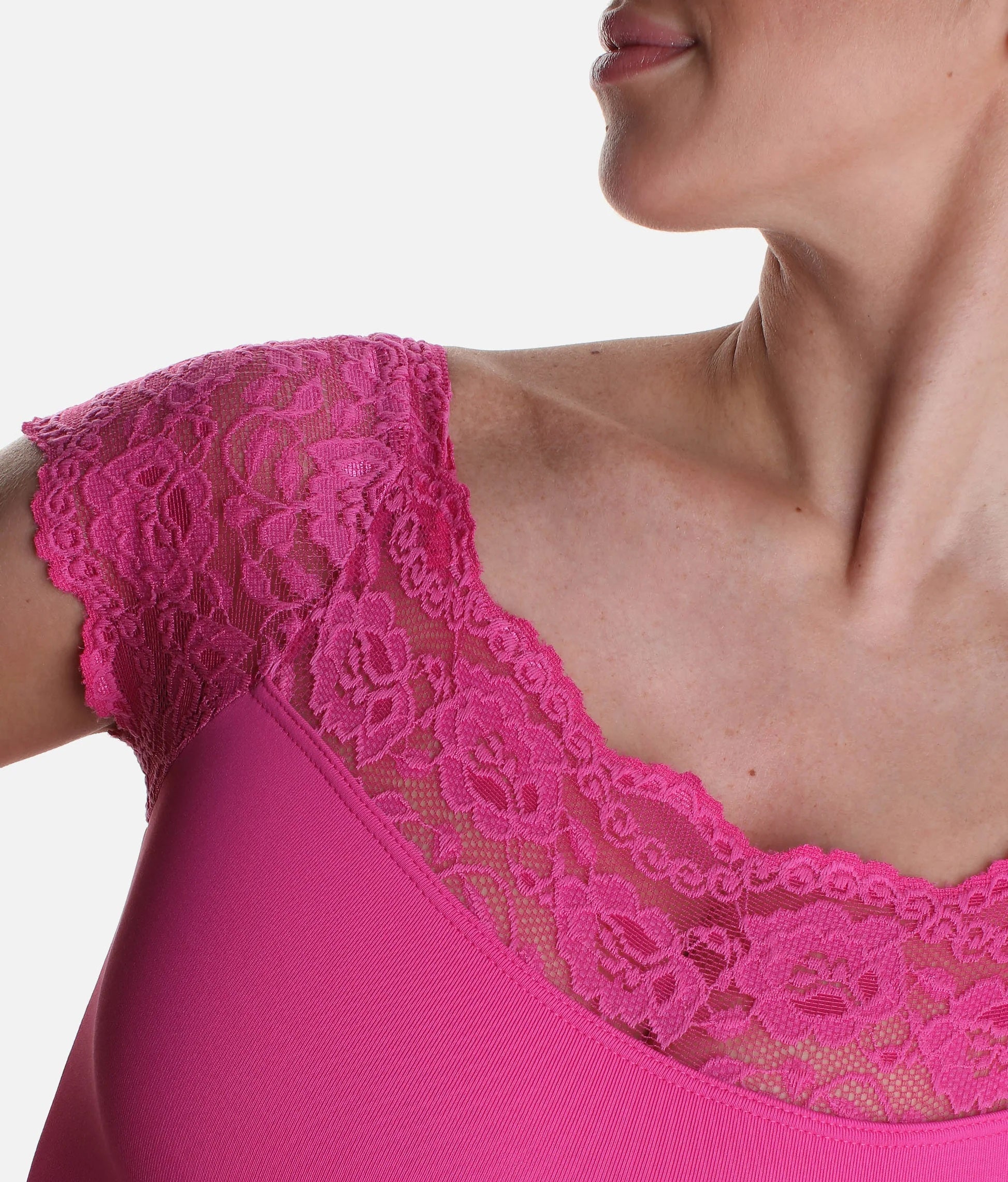 Lace shoulder detail So Danca SL16 leotard dark pink