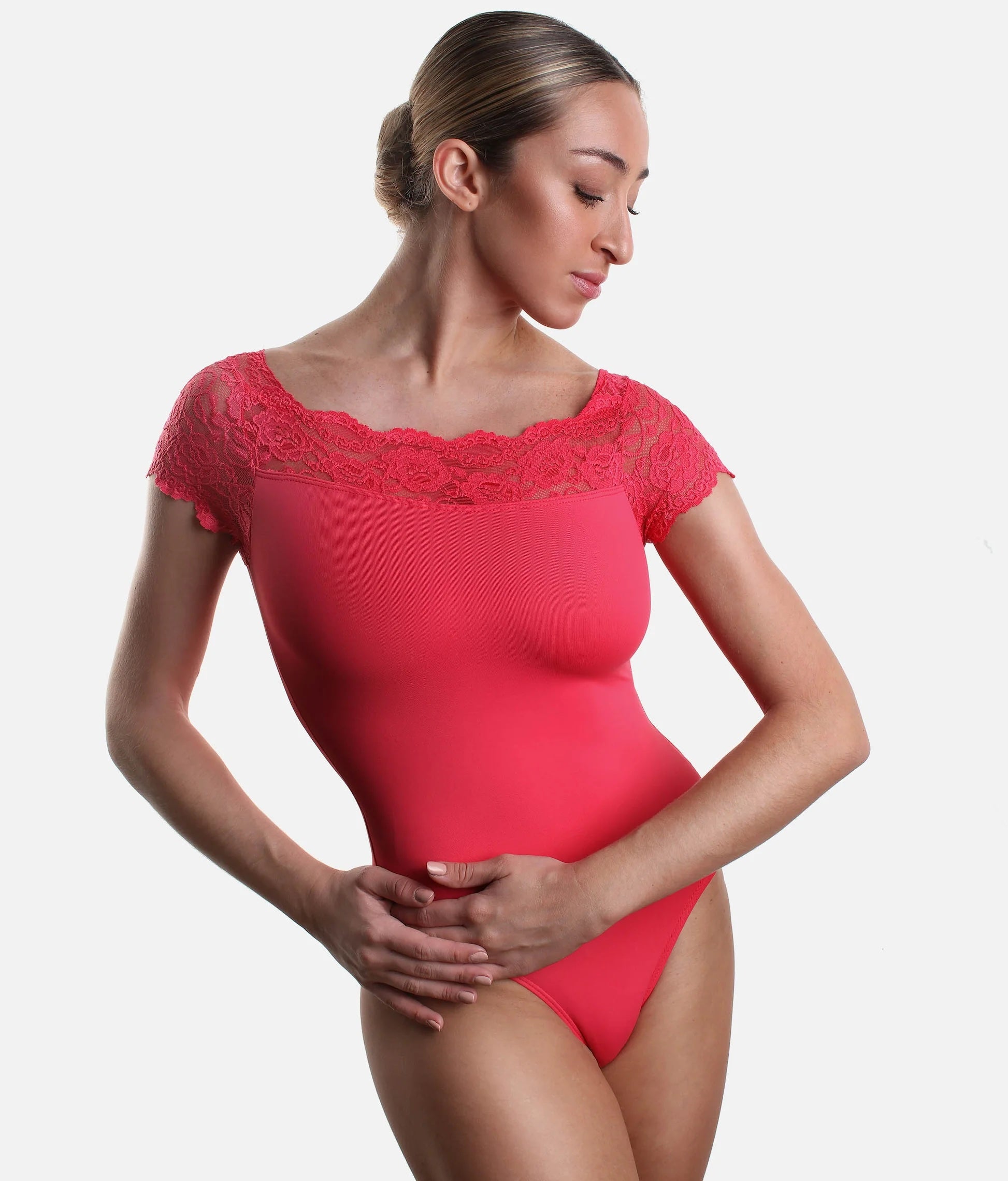So Danca SL16 lace cap sleeve leotard geranium lake front view