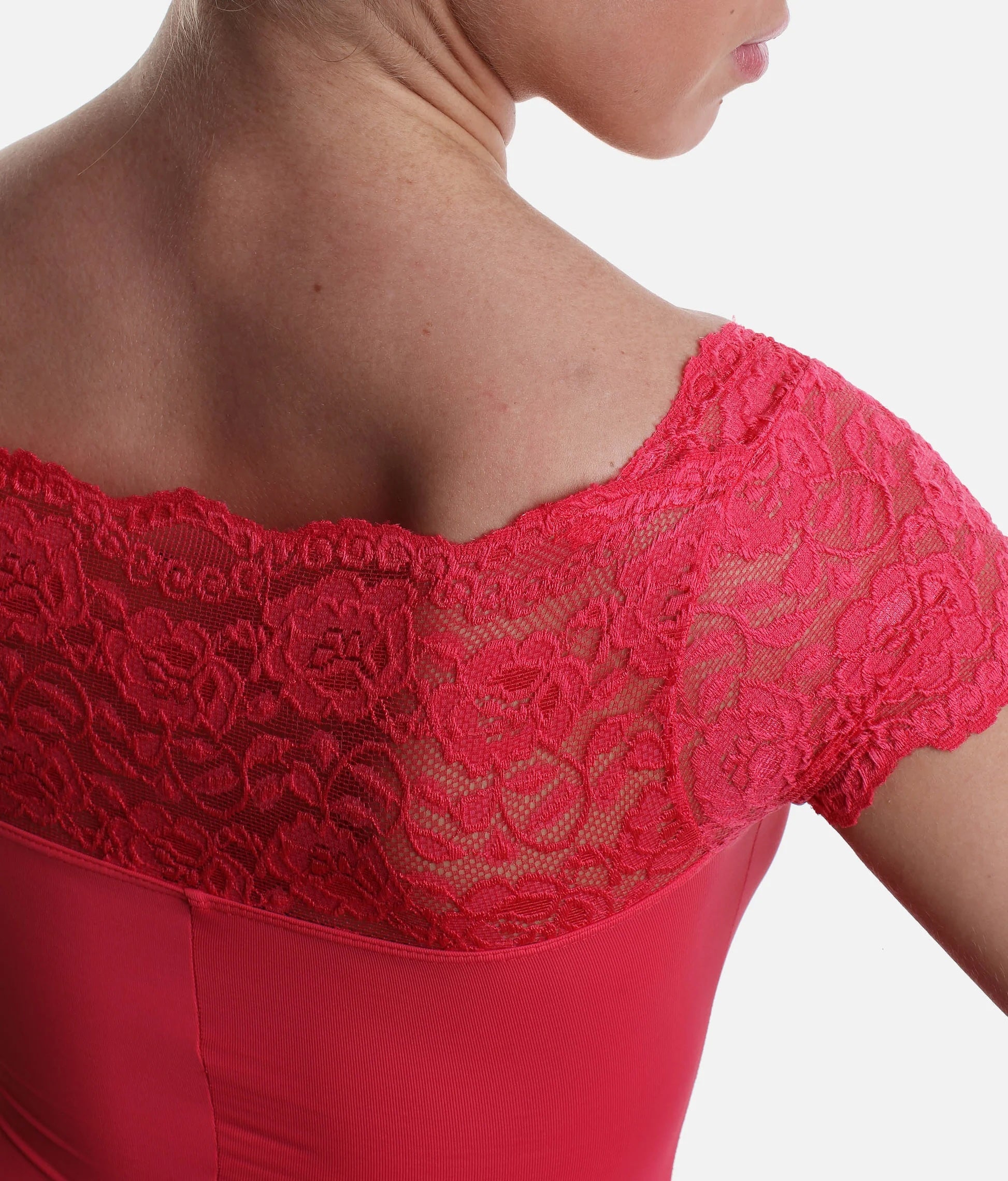 Lace shoulder detail So Danca SL16 leotard geranium lake
