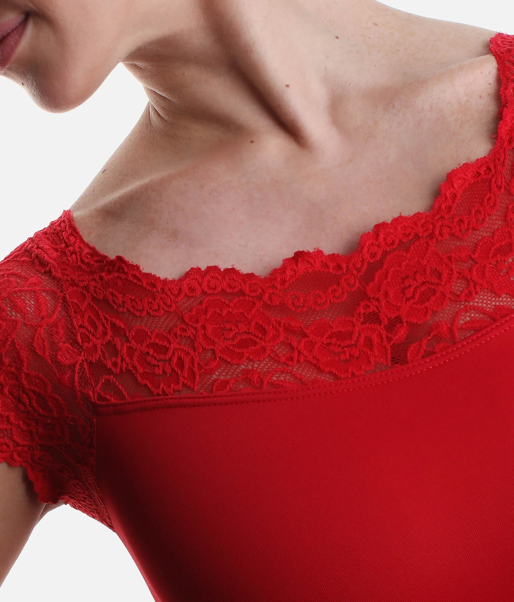 Lace shoulder detail So Danca SL16 leotard red