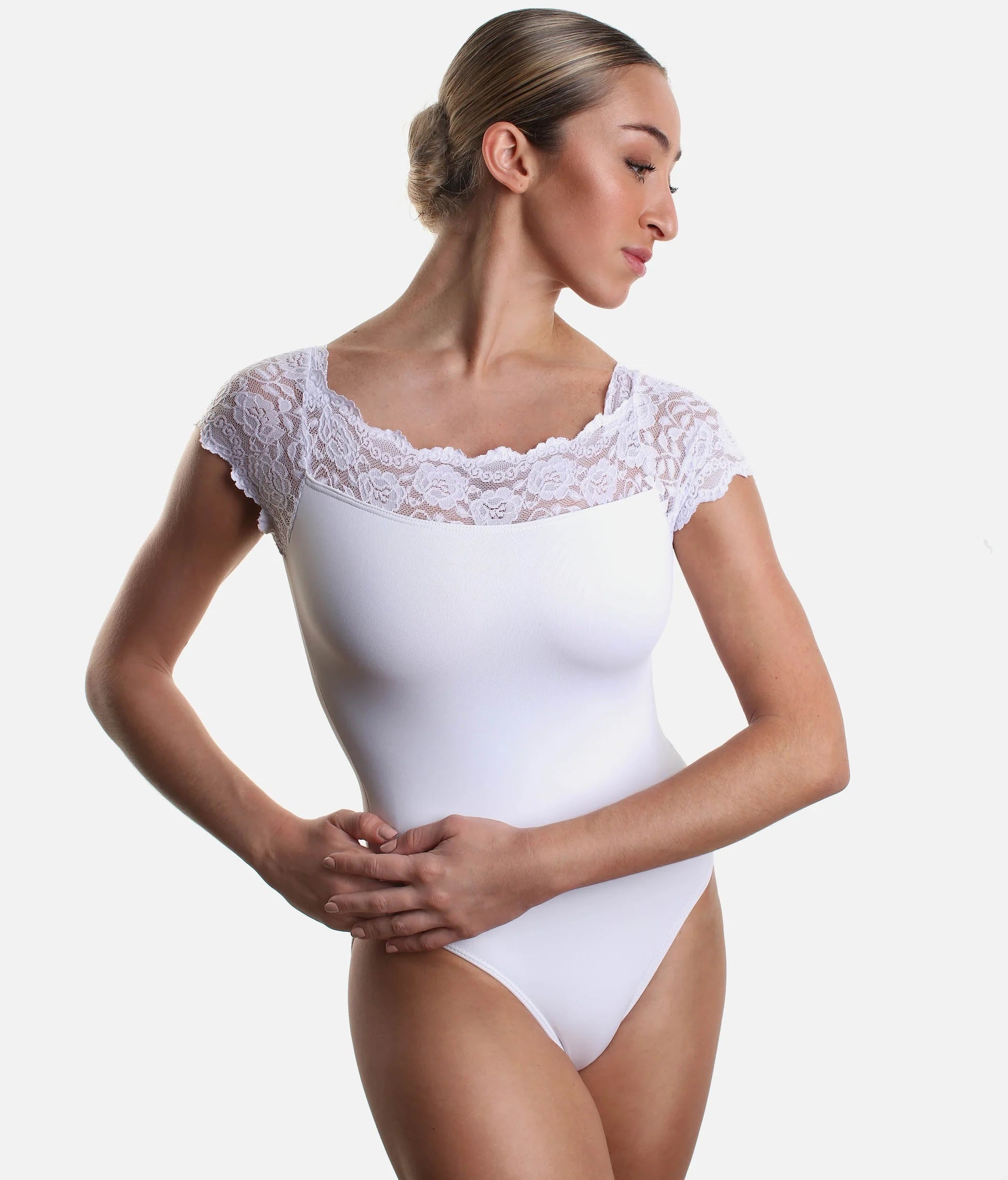 So Danca SL16 lace cap sleeve leotard white front view
