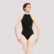 Ladies black high neck dance leotard L2325 front view with embroidered mesh detail