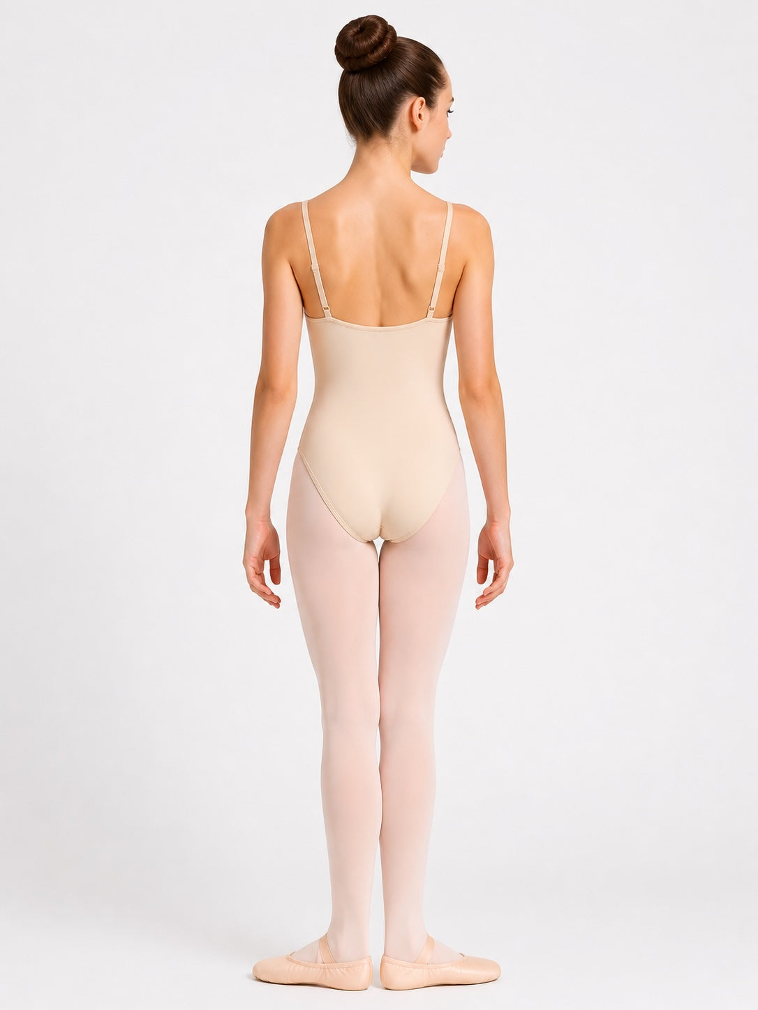 Ladies invisible low back camisole leotard nude dance undergarment back view as worn