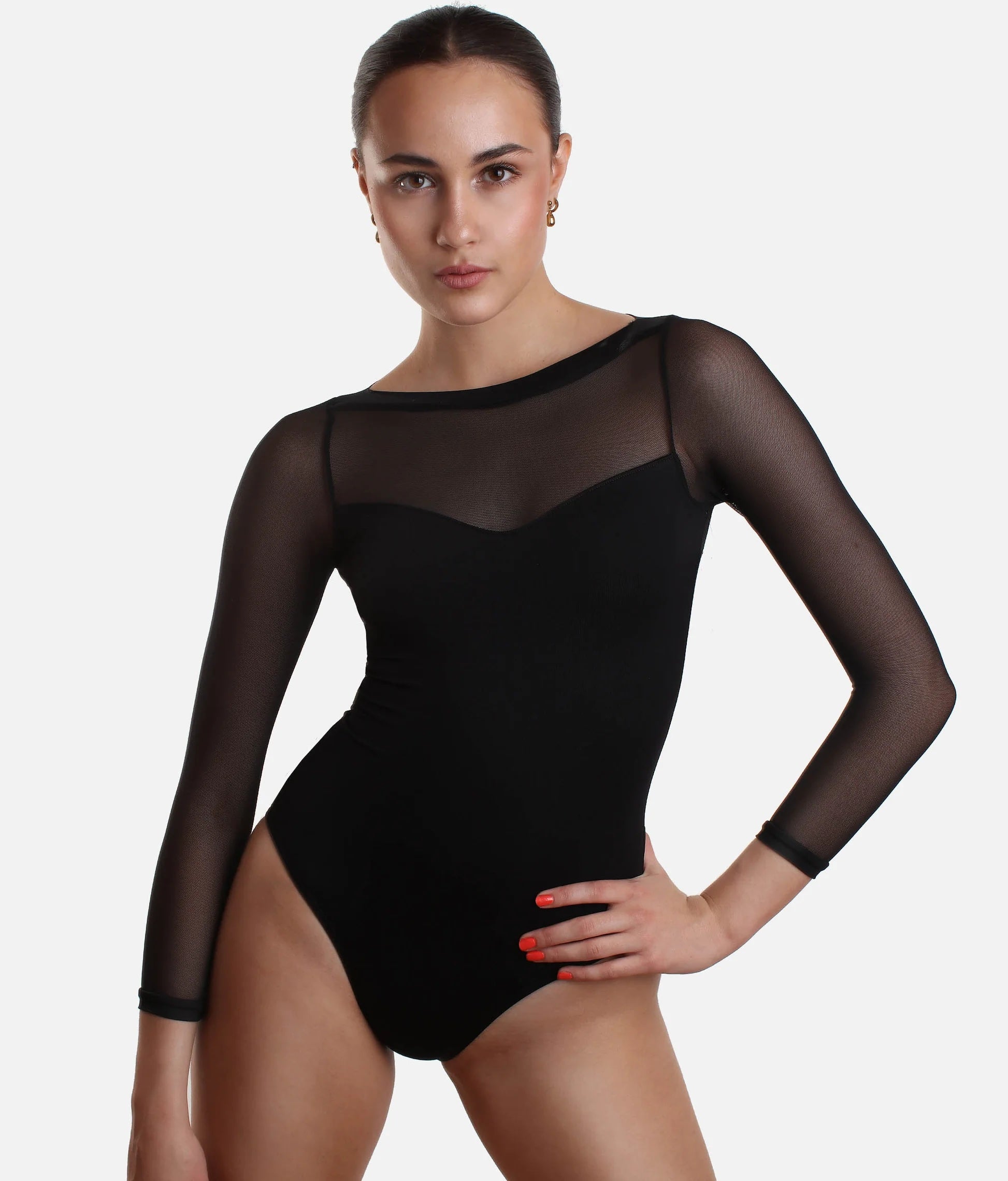 Front view of the So Danca SL129 black long sleeve mesh ballet leotard.