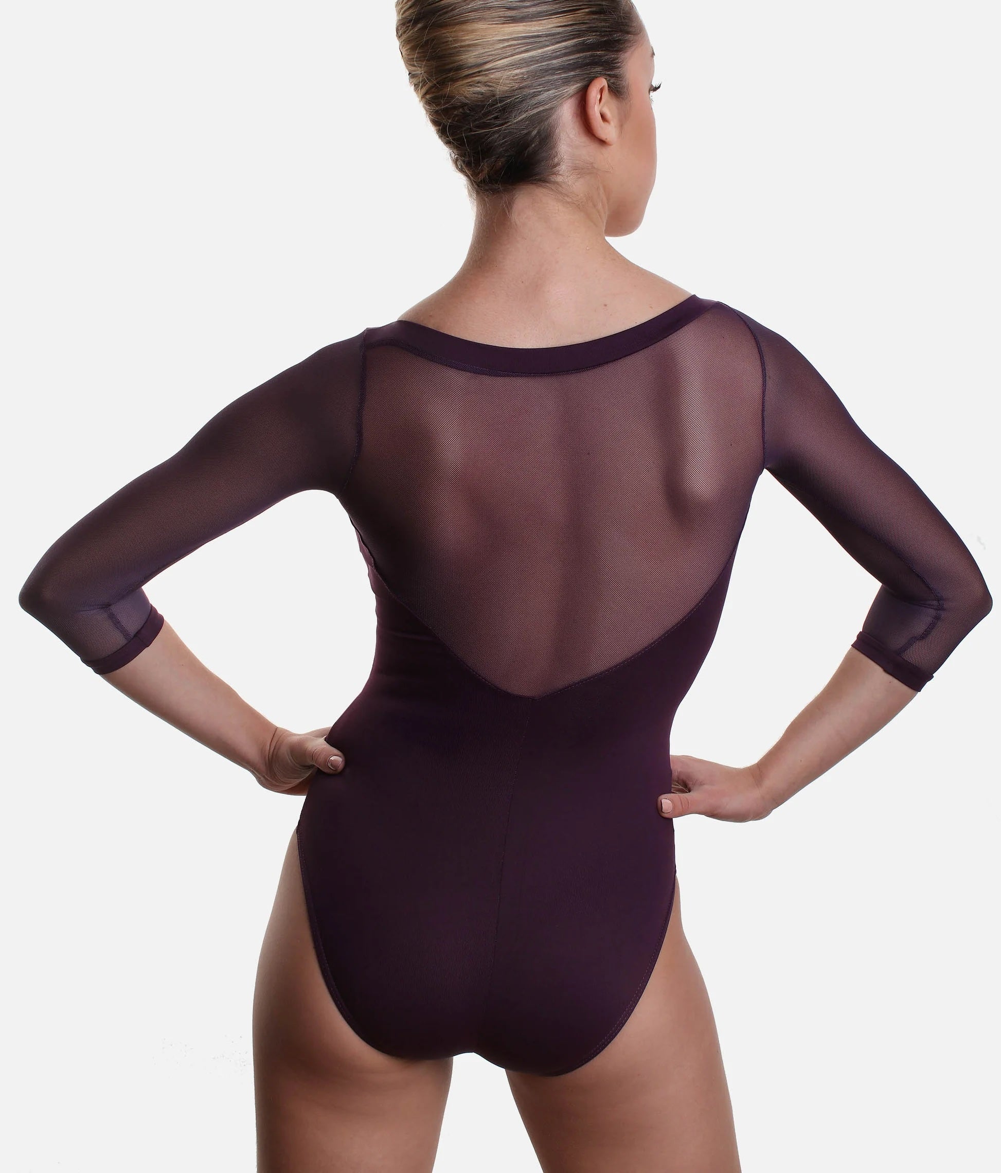 Back view of the So Danca SL129 dark purple mesh sleeve ballet leotard.