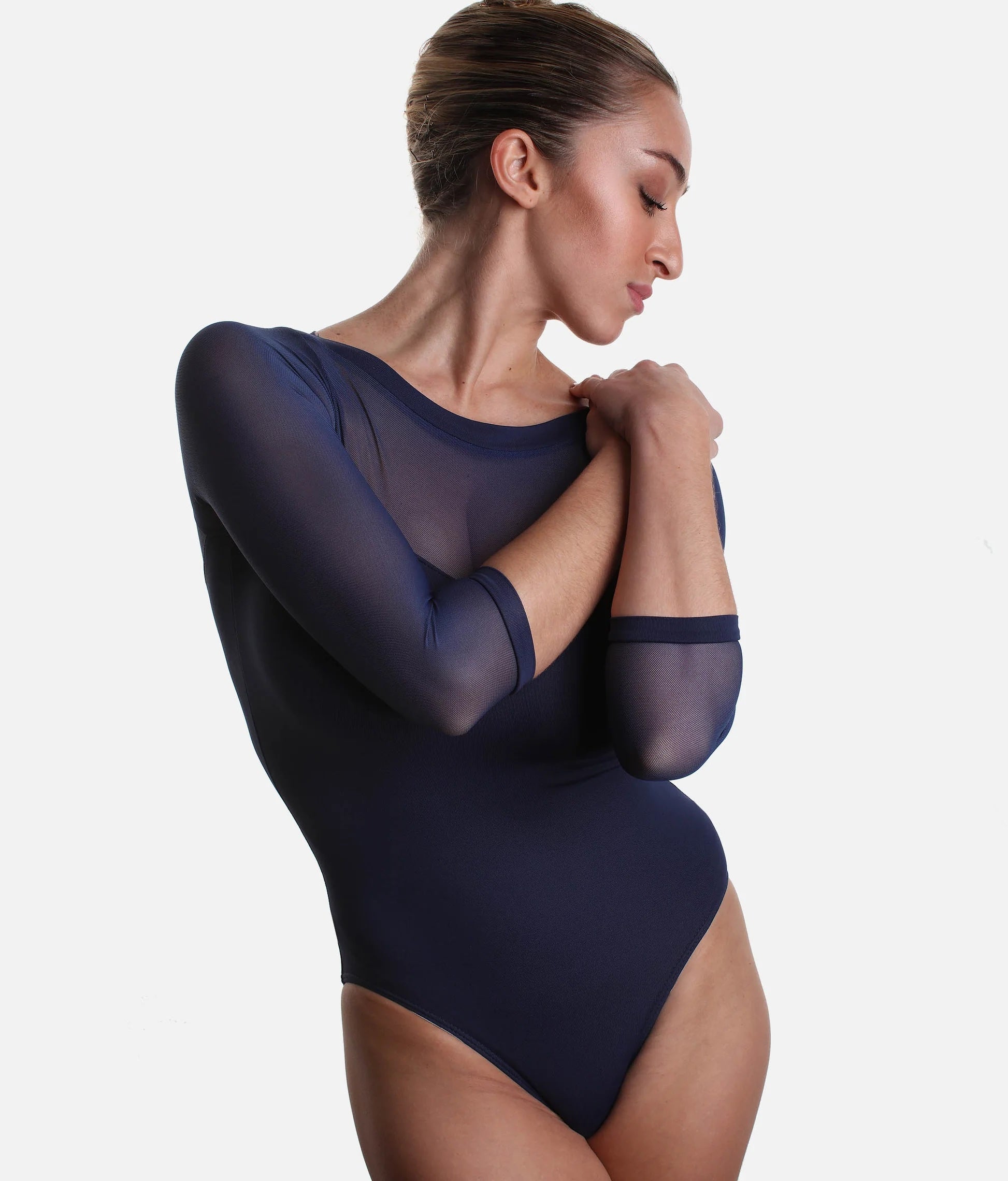Front view of the So Danca SL129 navy mesh sleeve ballet leotard.