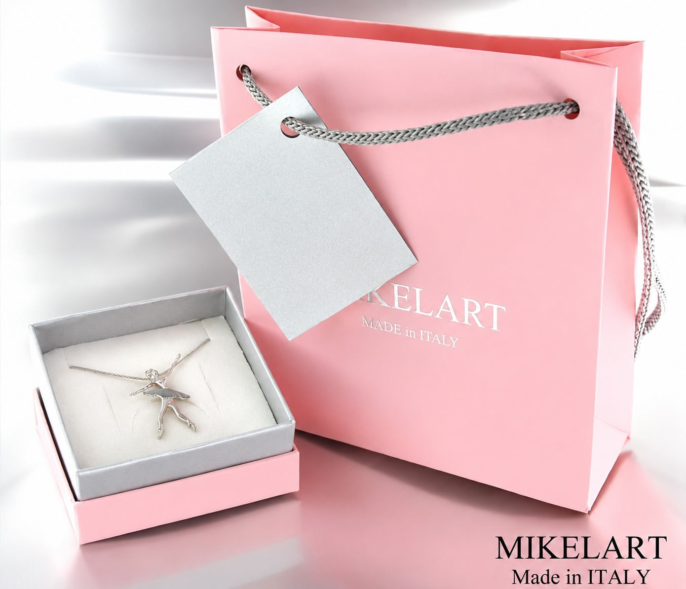 Mikelart handmade Italian ballerina necklace presented in luxury gift box with branded gift bag
