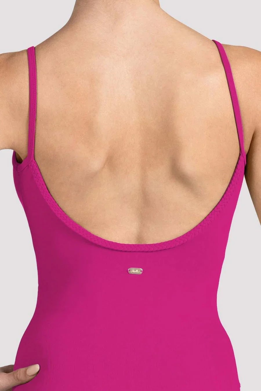 Pink Mirella Miami camisole ballet leotard close-up showing scoop back, thin straps, braided trim and logo detail
