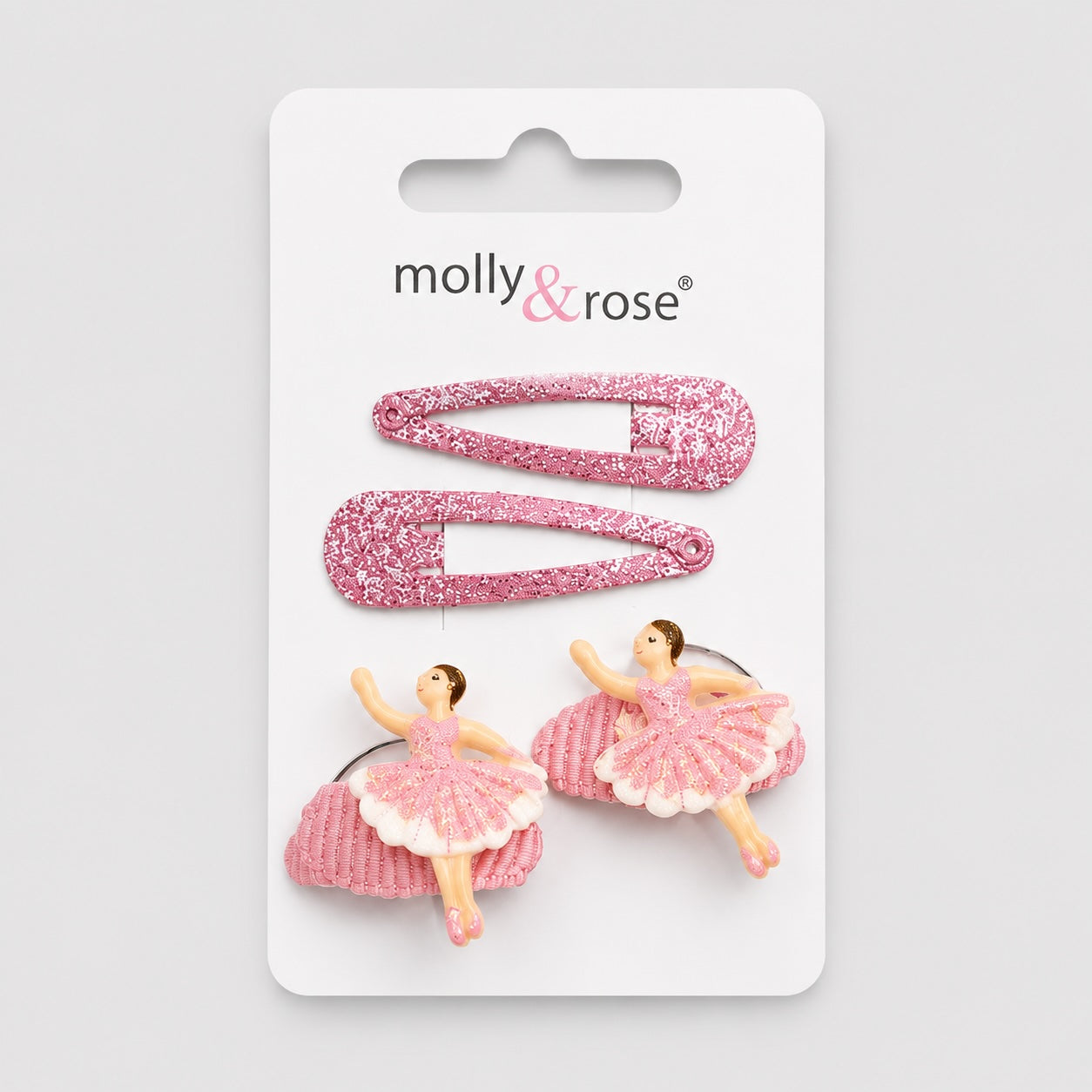 Molly Rose ballerina hair glitter set with pink glitter clips and ballerina hair accessories on light grey background