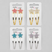 Molly & Rose sparkly star hair clips in pink, gold, blue and silver colours on a light grey background