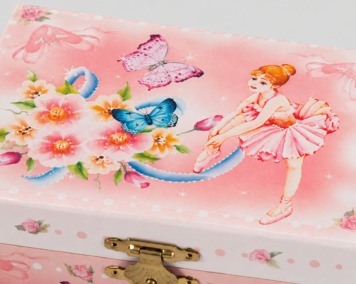 Close up of ballerina and butterfly artwork on pink musical jewellery box lid