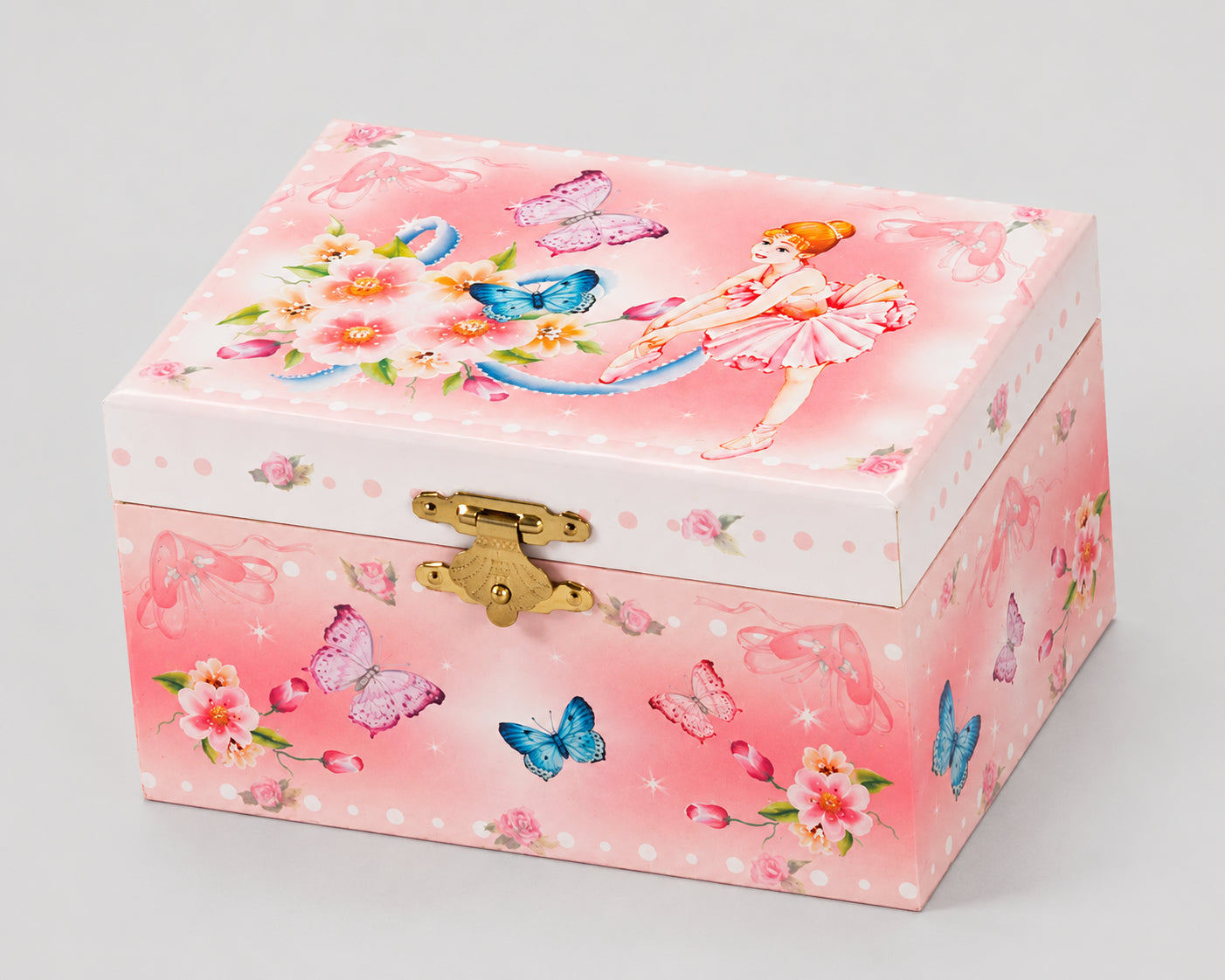 Closed pink ballerina musical jewellery box with butterfly and floral design