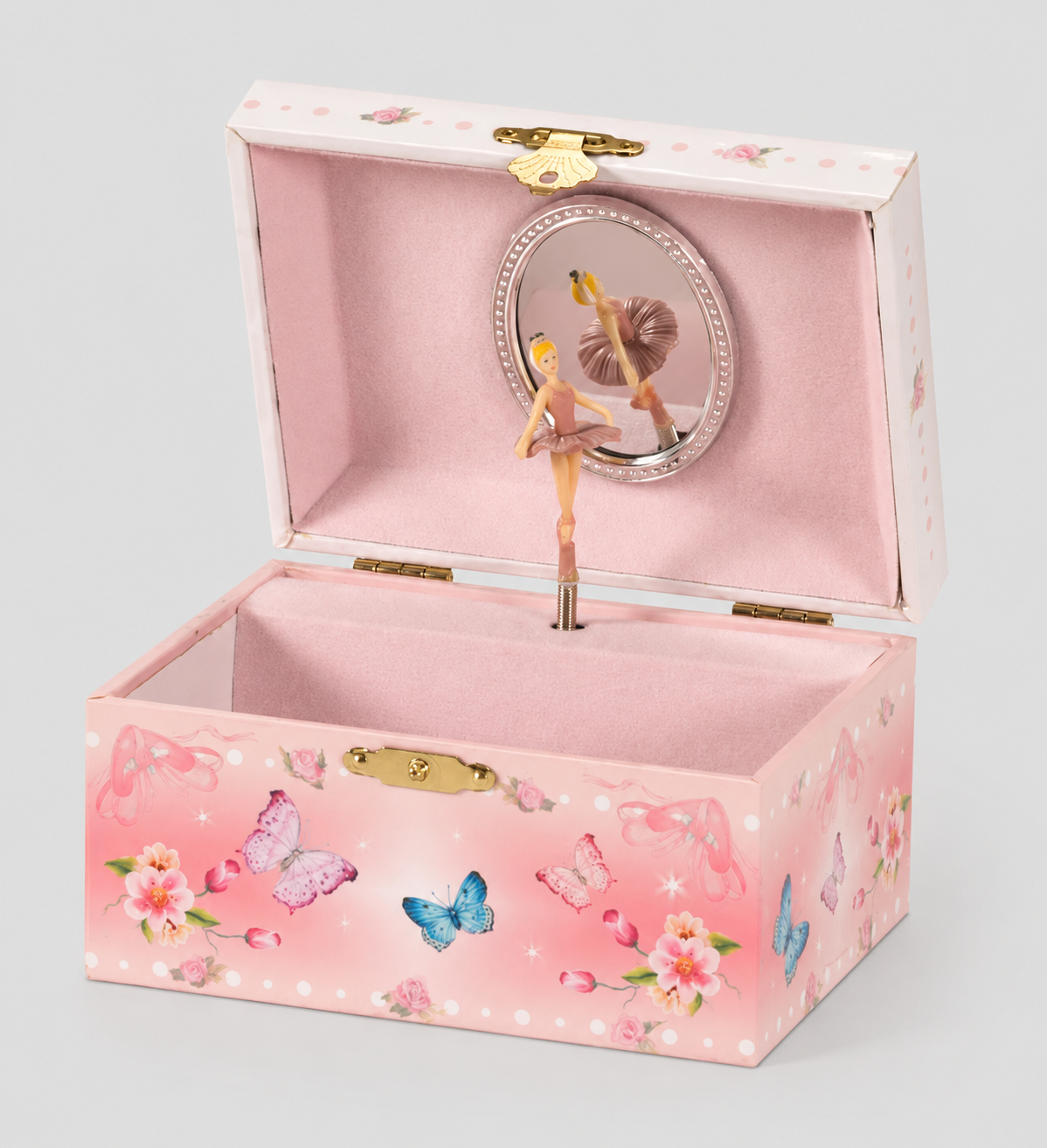 Open pink ballerina musical jewellery box with butterfly design and twirling ballerina inside