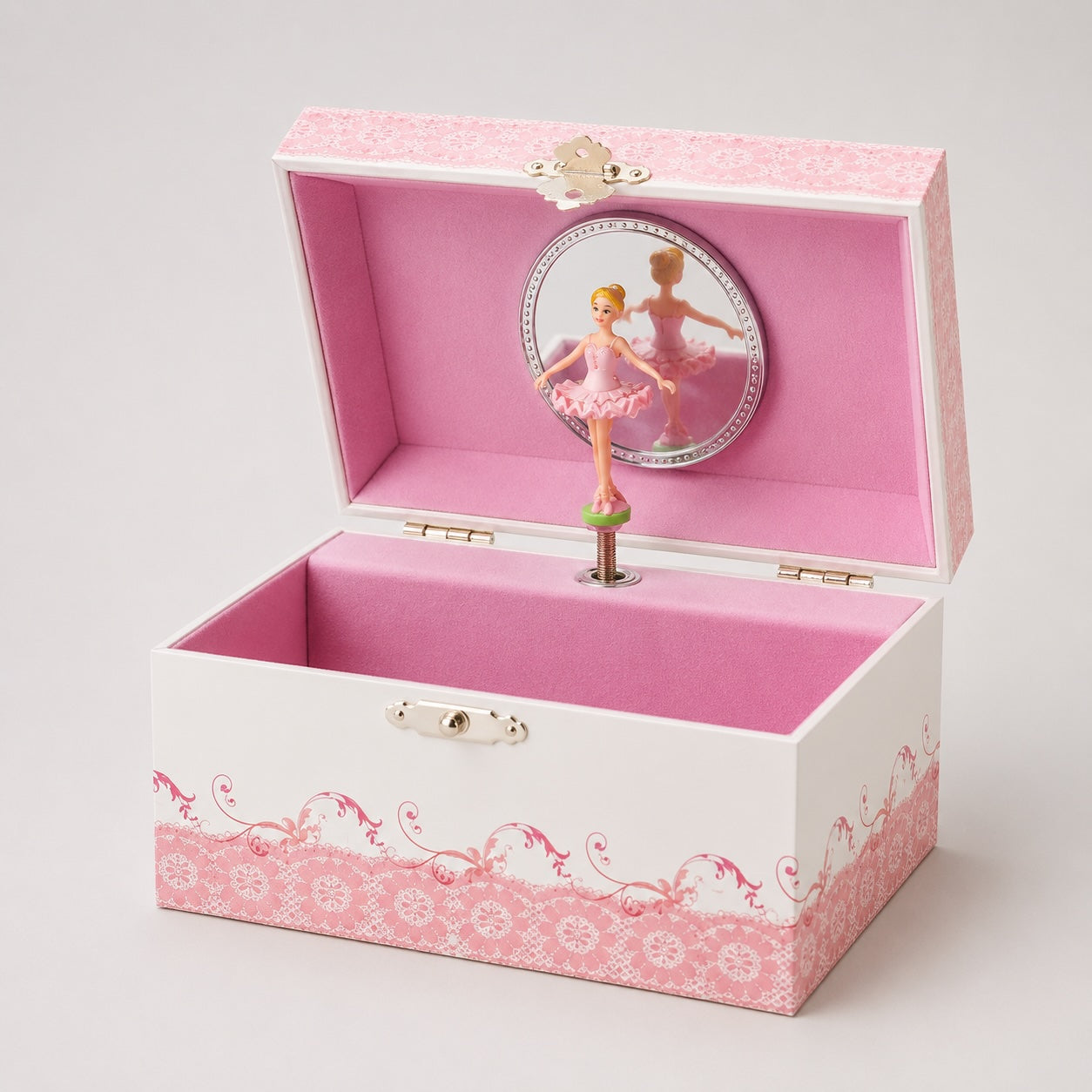 Open musical ballet jewellery box with spinning ballerina and mirror inside