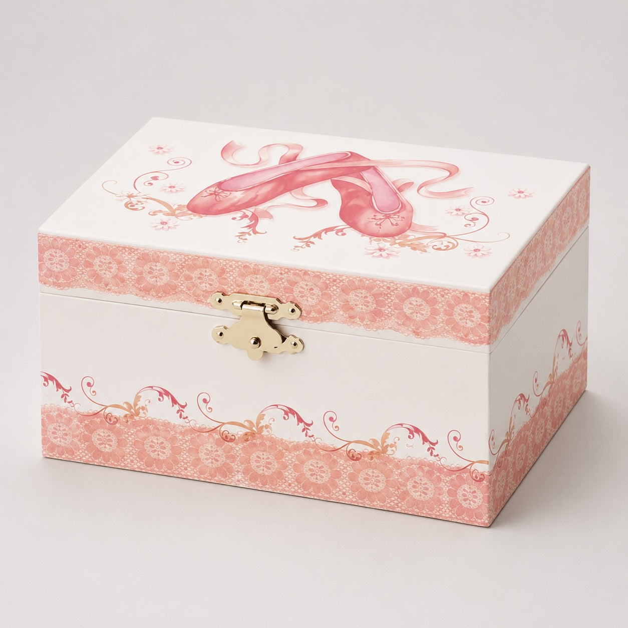 Pink musical ballet jewellery box with ballet shoe design and gold clasp