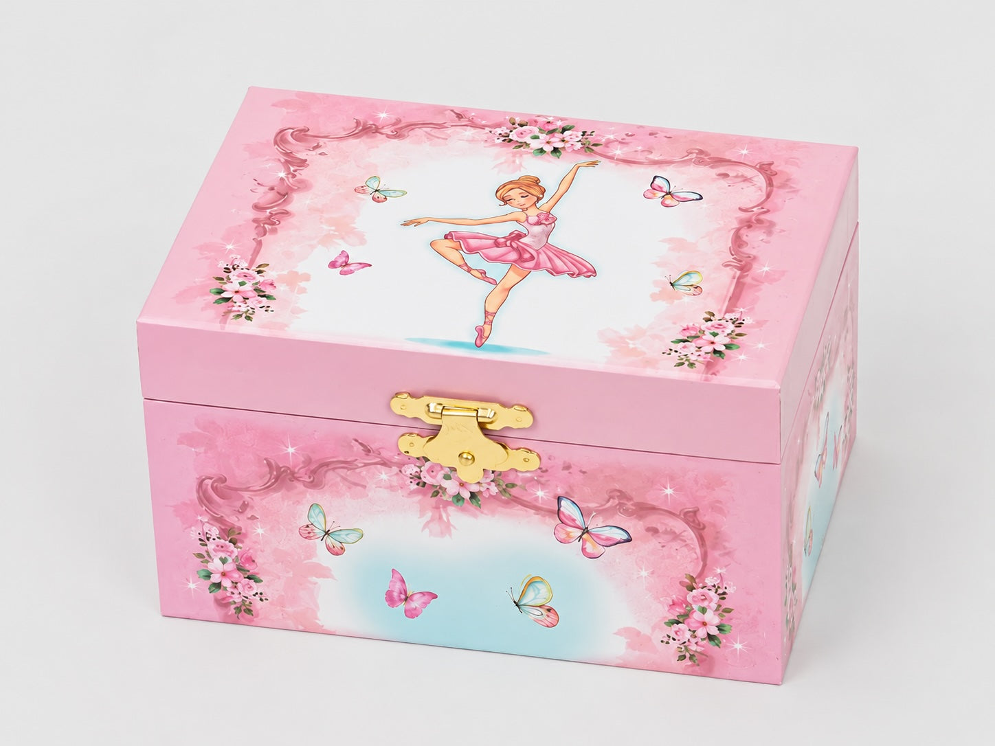 Pink ballerina musical jewellery box with butterfly design and decorative ballet artwork lid