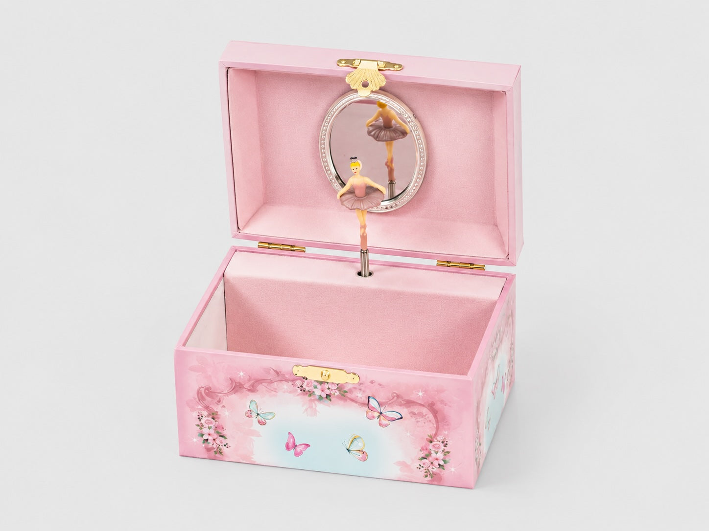 Open ballerina musical jewellery box with butterfly design, mirror interior and twirling dancer figure