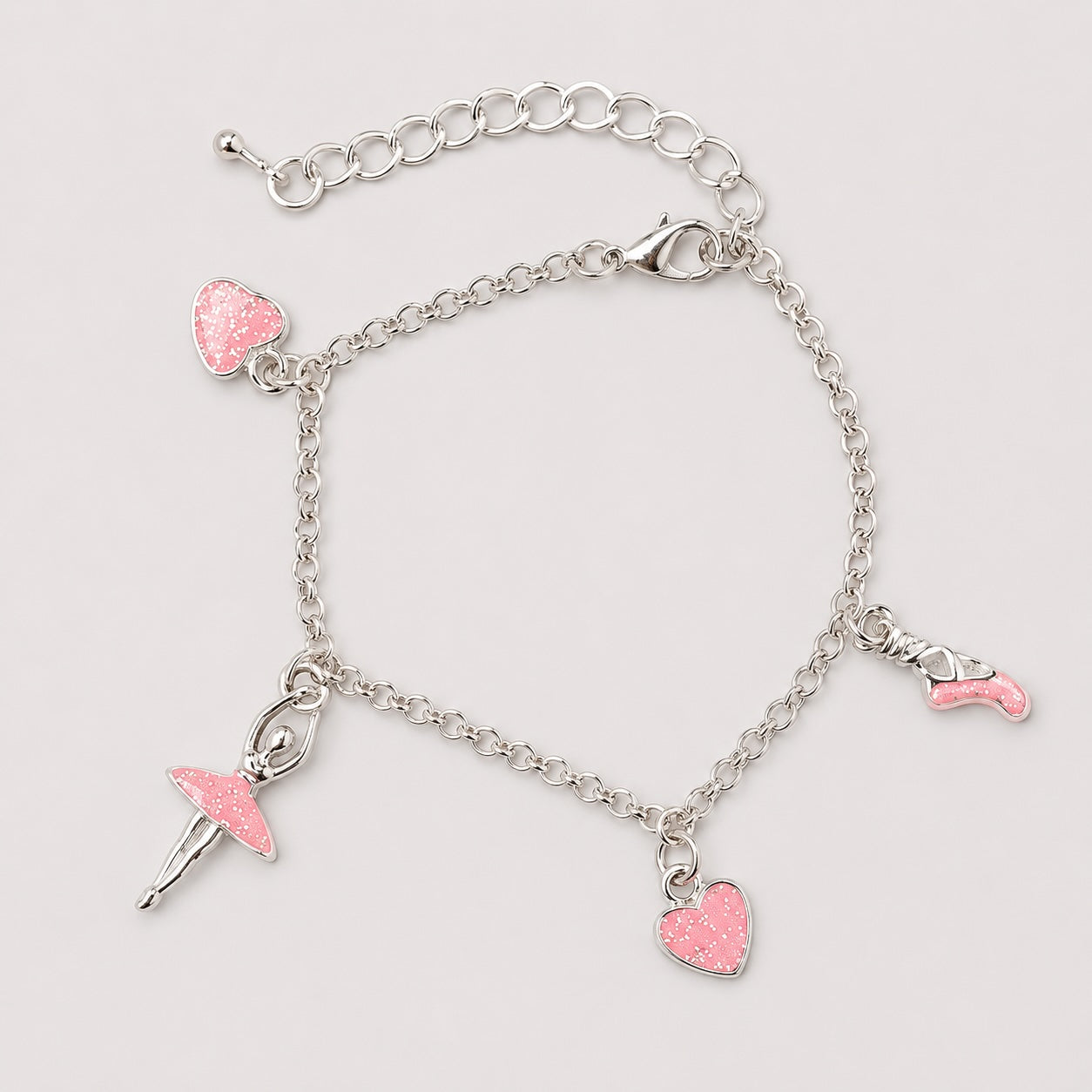 Pink ballerina hearts charm bracelet for girls with silver chain and ballet slipper charms