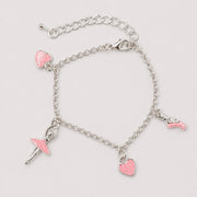 Pink ballerina hearts charm bracelet for girls with silver chain and ballet slipper charms