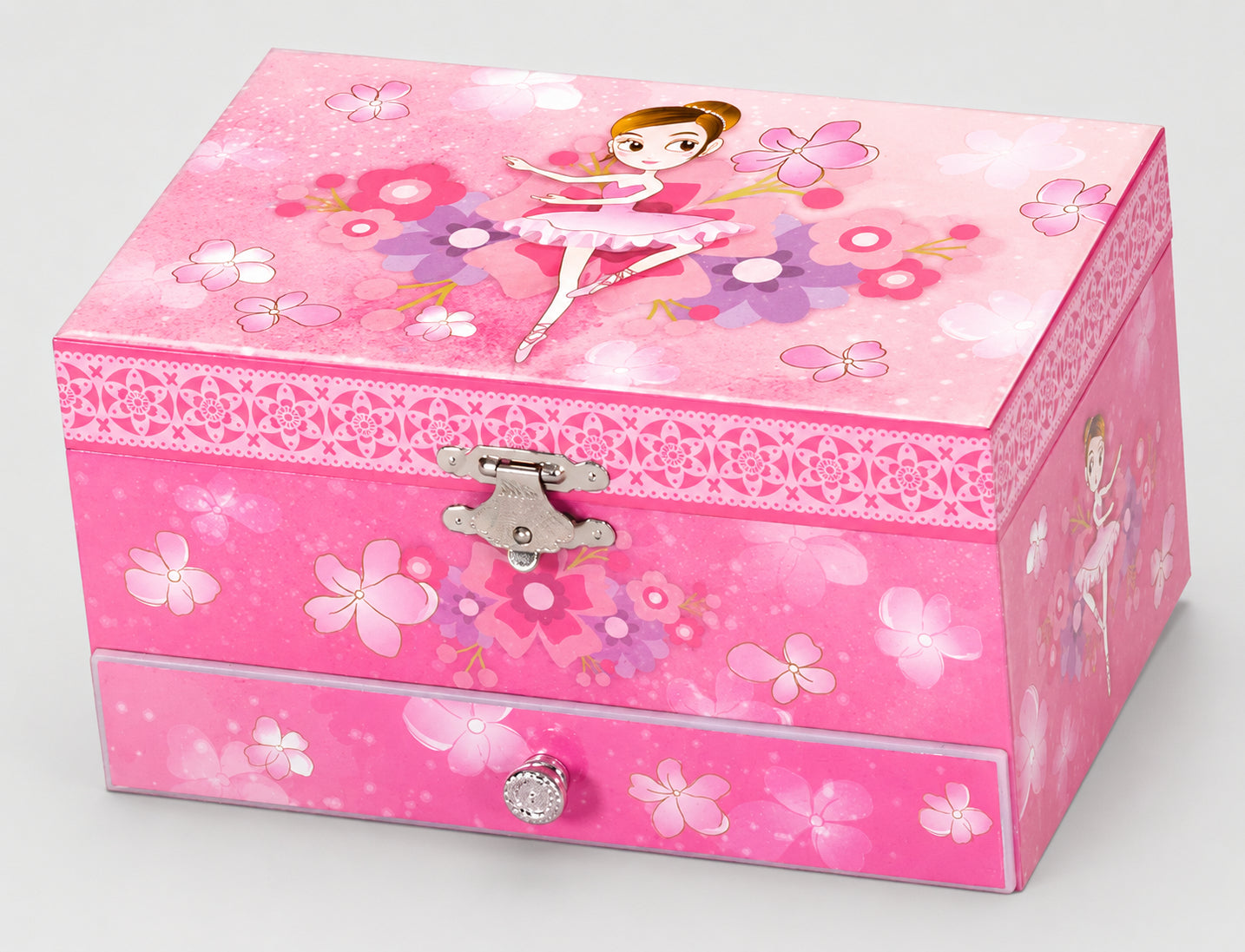 Pink ballerina musical jewellery box with drawer and dancing ballerina design on light grey background