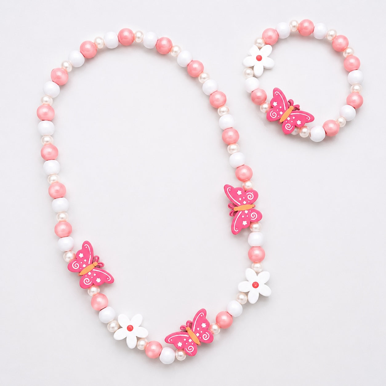 “Children’s pink butterfly beaded necklace and bracelet set”