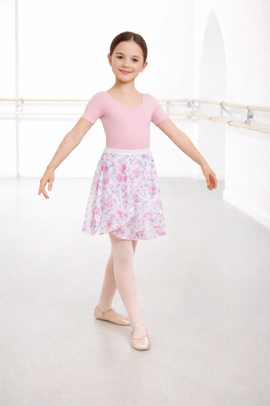 Pink floral ballet wrap skirt girls short chiffon worn over leotard above knee