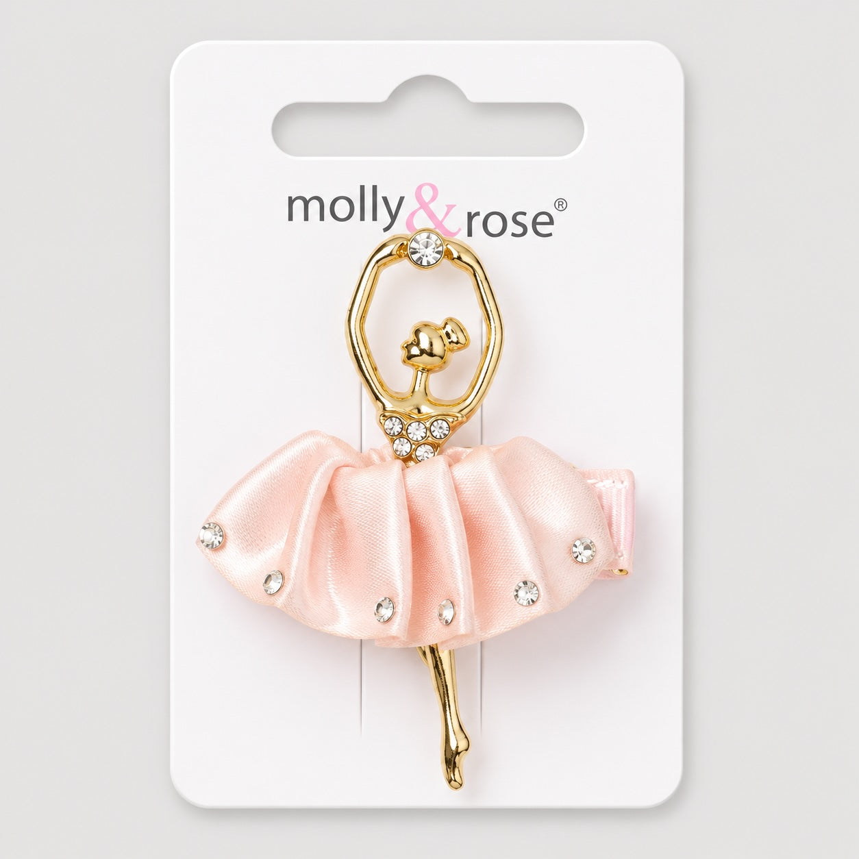Molly & Rose pink satin ballerina hair clip with diamanté detail on light grey background