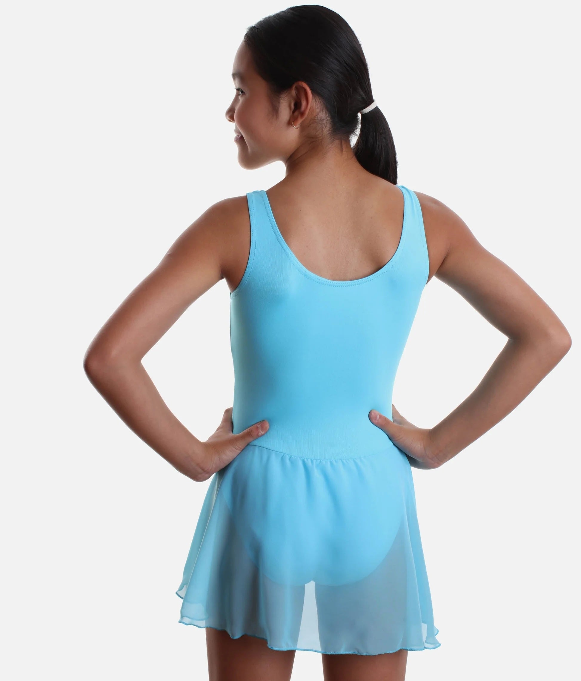 Girls pale blue skirted ballet leotard Roch Valley Charlotte back view