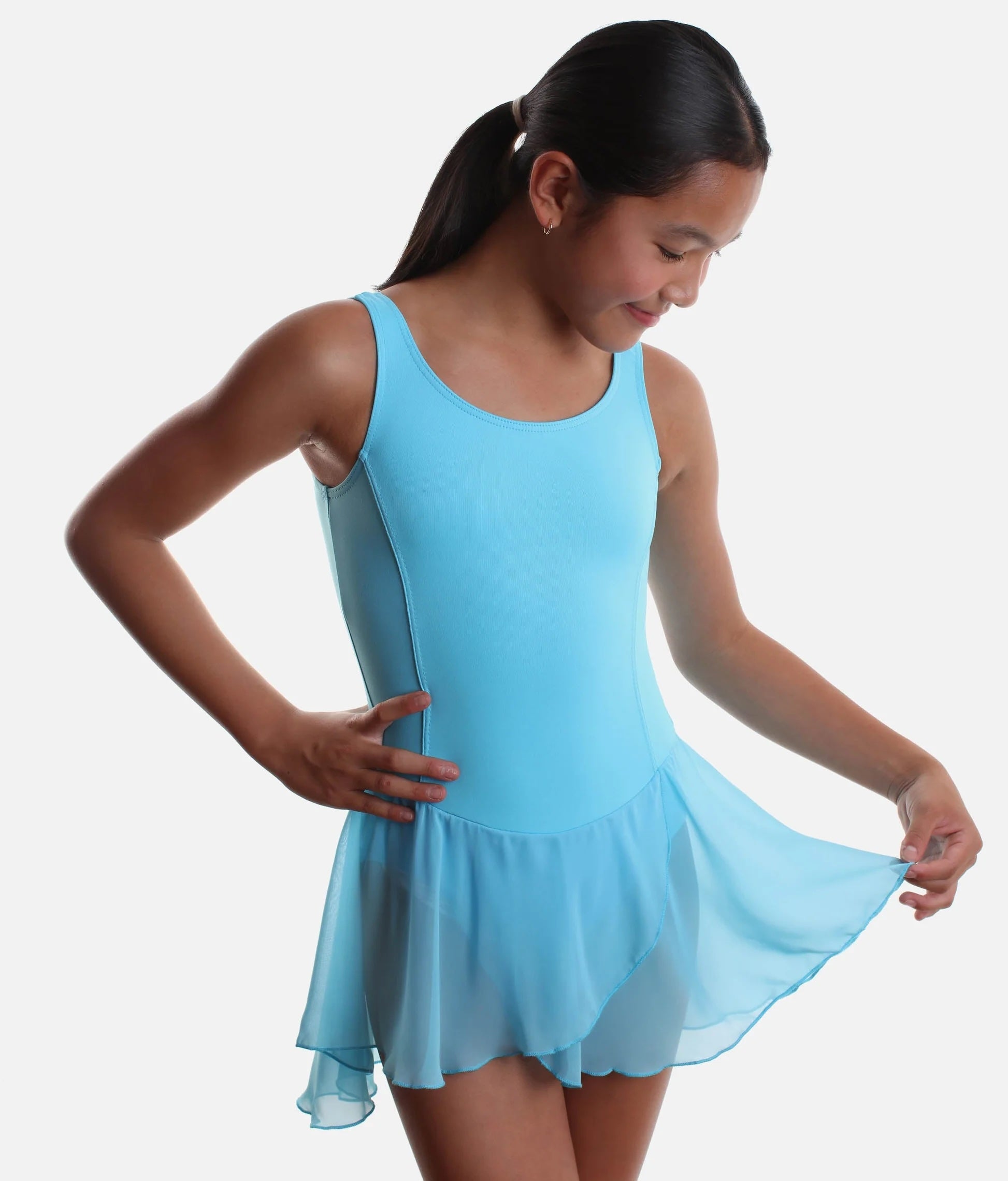 Girls pale blue skirted ballet leotard Roch Valley Charlotte front view