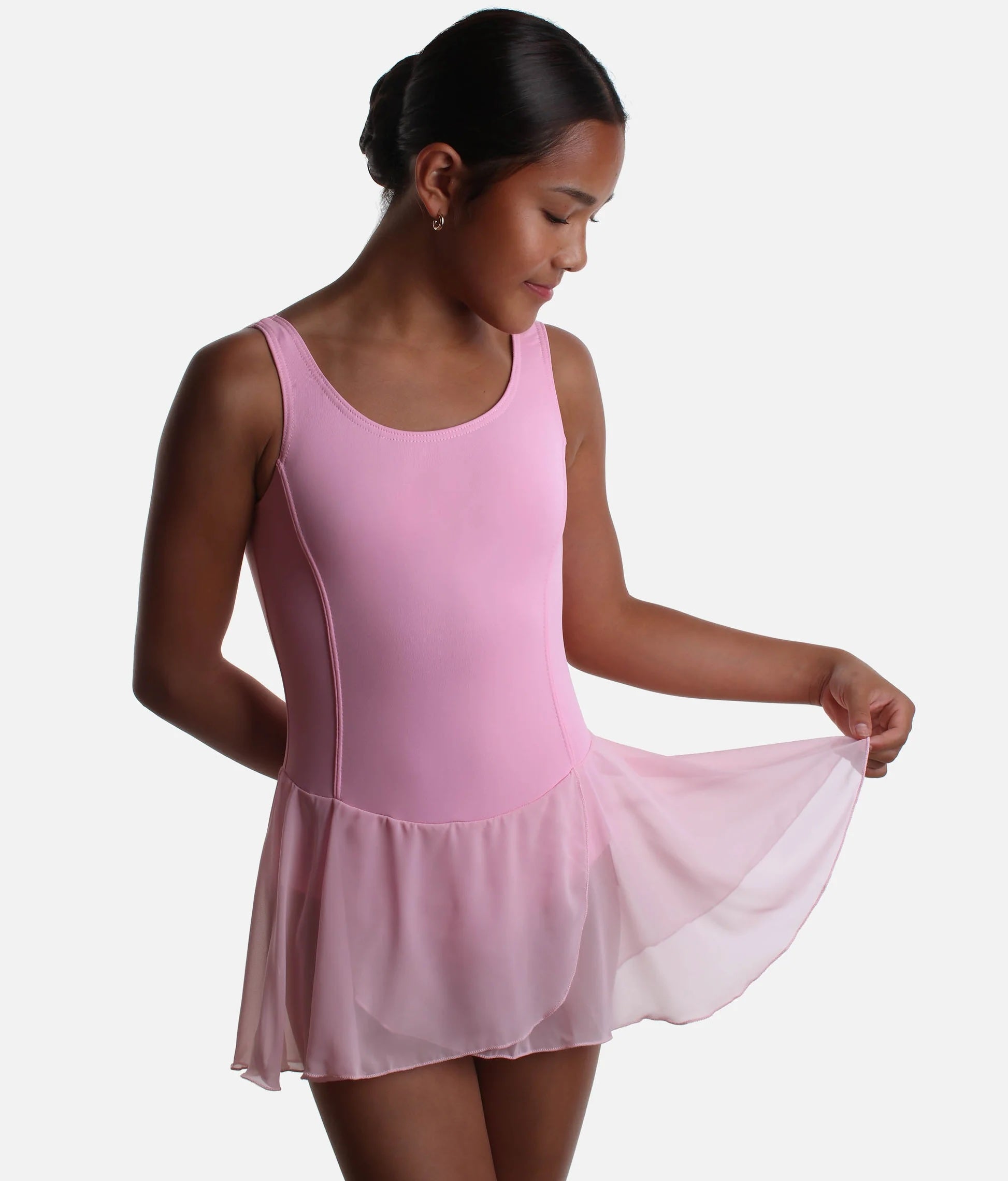 Girls pink skirted ballet leotard Roch Valley Charlotte angled front view