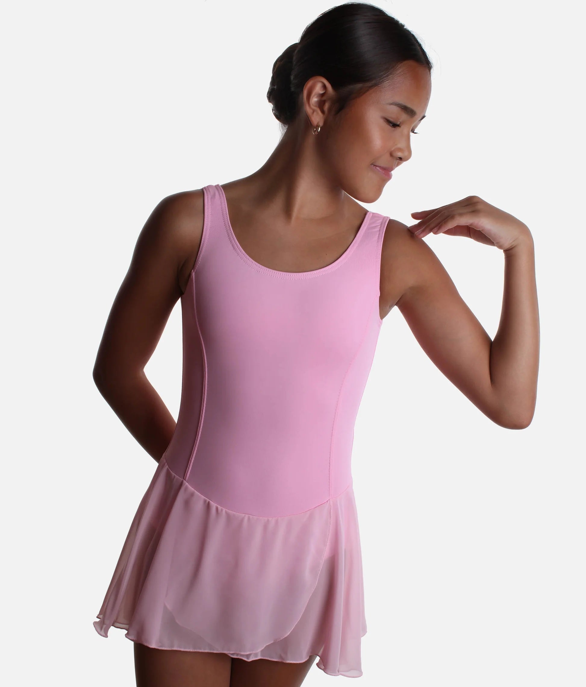 Close-up of pink skirted ballet leotard Roch Valley Charlotte bodice and skirt detail