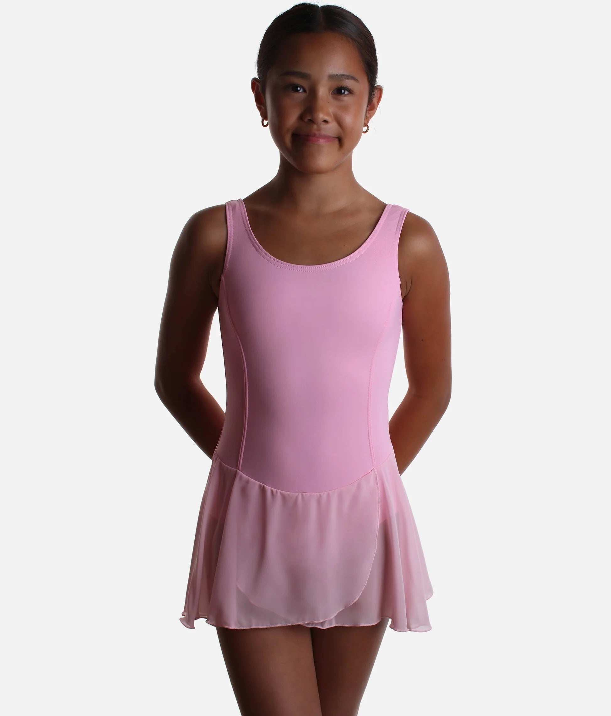 Girls pink skirted ballet leotard Roch Valley Charlotte front view