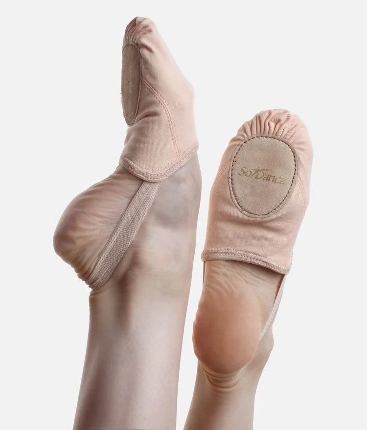 Light pink So Danca BA45 stretch canvas half sole dance shoes showing suede sole pads
